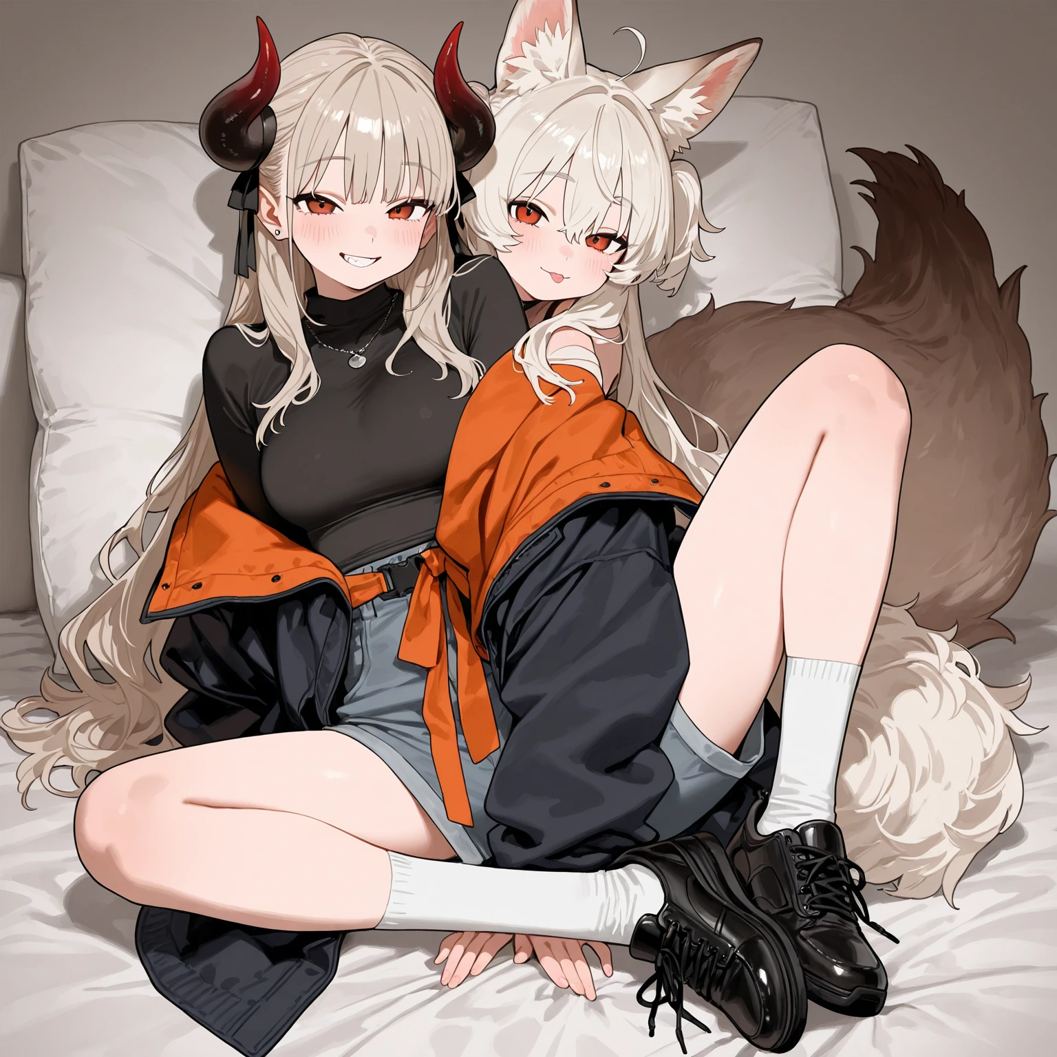 (nsfw),(dog girl),(catgirl),(2girls:1.3),White hair,yellow eyes,platinum blonde hair,red eyes,fullbody,huge girl,(stomach),(stomach),Legs apart,(knees),(knees up),(sheet),(hands up),straight-on,(paw pose),(straight-on),micro Bikini,(spread legs),masterpiece,best quality,very aesthetic,absurdres,breasts,Woman,bed invitation,sheet,(Masterpiece,best quality,very aesthetic,absurdres)