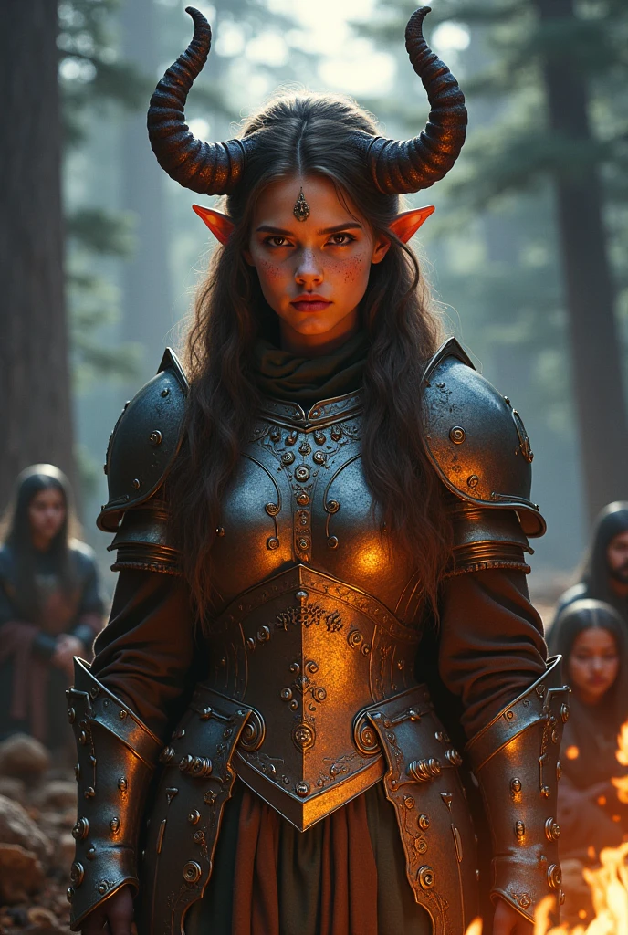 medium shot of a female tiefling Paladin wearing a breastplate, (red skin), sharp focus, intricate background of a countryside, hills, farmland, farm building, trees, trending on artstation, trending on cgsociety, vivid colors, detailed face and eyes