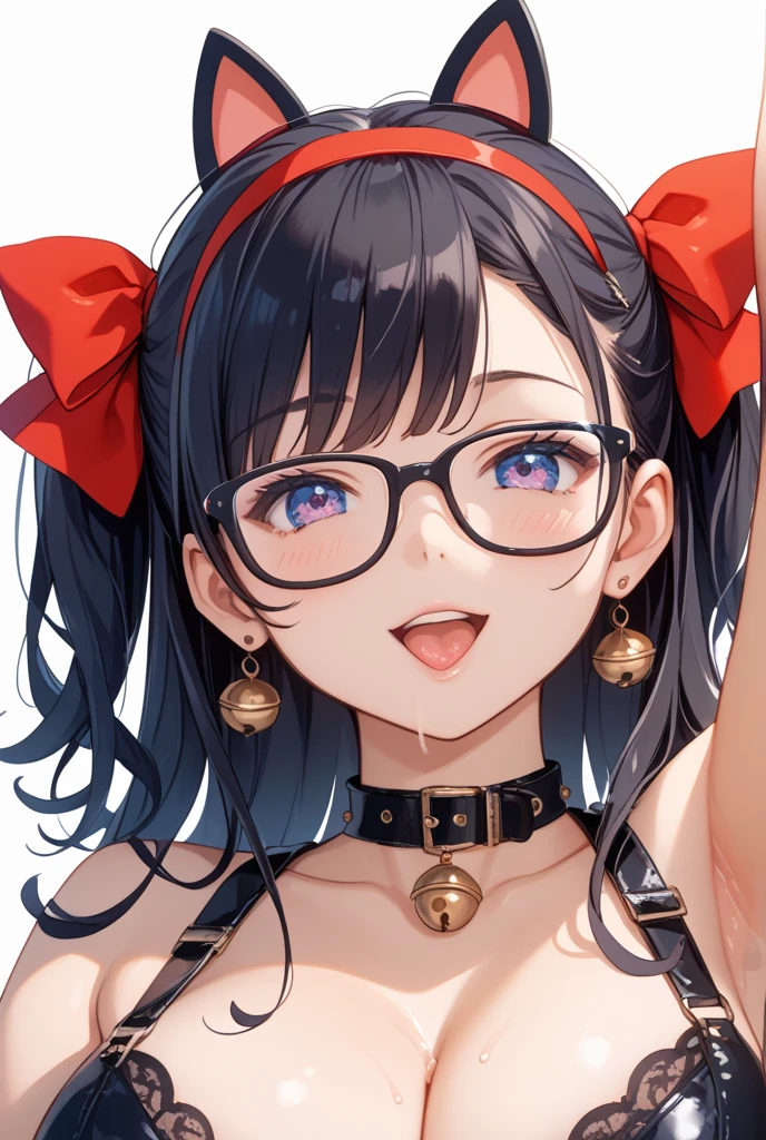 Make a picture of an anime girl whose skin is brown, com sarnas um pouco mais escuras q a pele ao redor dos olhos, Brown eyes with rectangular glasses, a fringe in the forehead region of wavy black hair, with hair tied back painted blue, wear clothes with a collar at the neck and below the neck, the clothes leave the arms free and cover the torso