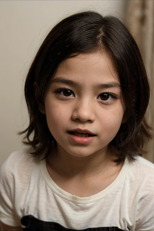 HD quality color photo, of a 5 year old girl. serious facial expression looking at the camera. Short black hair. Wearing a white shirt. Photo studio dark background