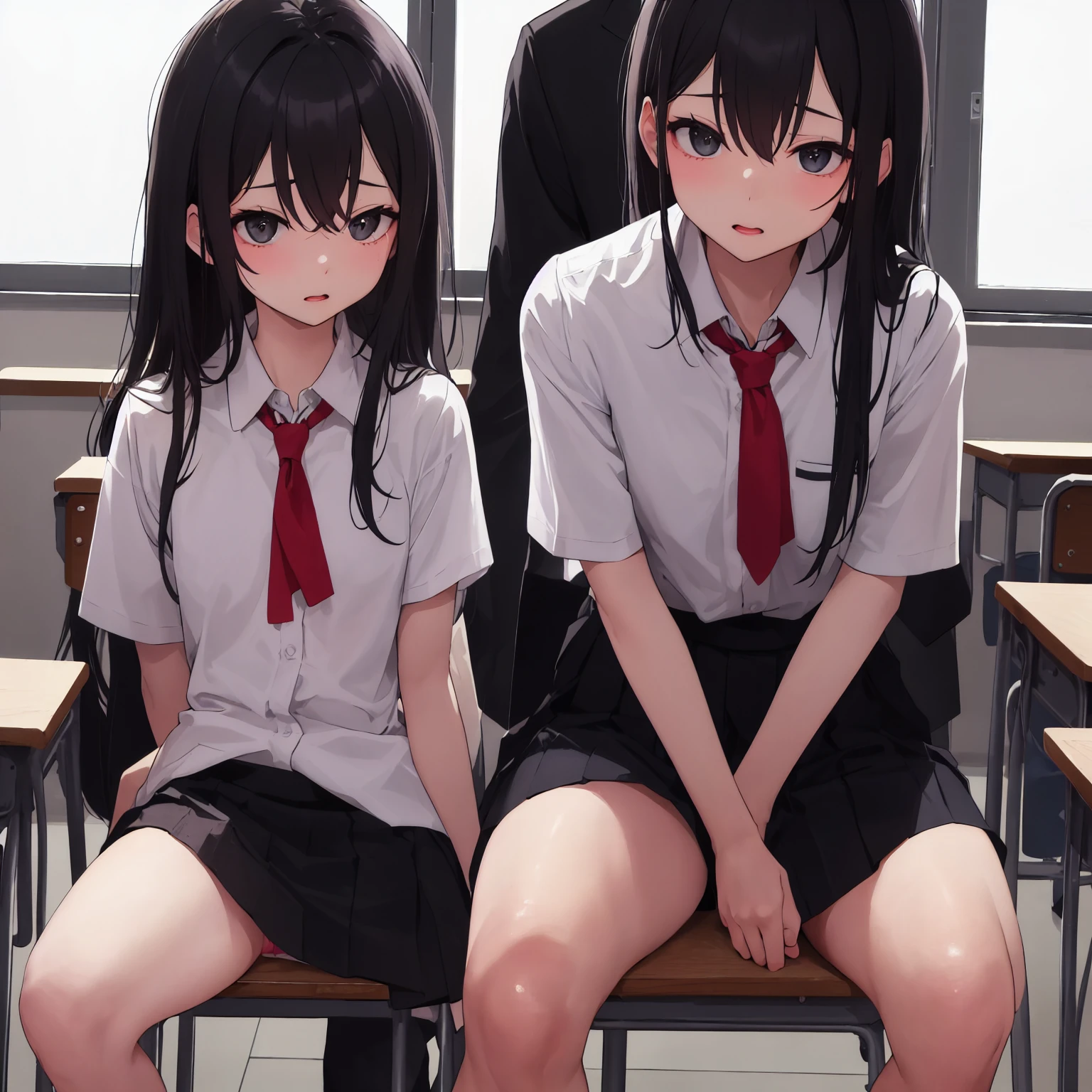 girl similar to gorillaz noodle, long black and green gradient straight hair ((drawing)), ((anime girl nose)), white t-shirt, resting her chin on her hand (pose for photo) tattoos on her arms, showing her tongue, art cyberpunk, malicious look, nervous teenager, malicious smile, classroom background scene and teacher shouting at students, art inspired by Jamie Hewlett,