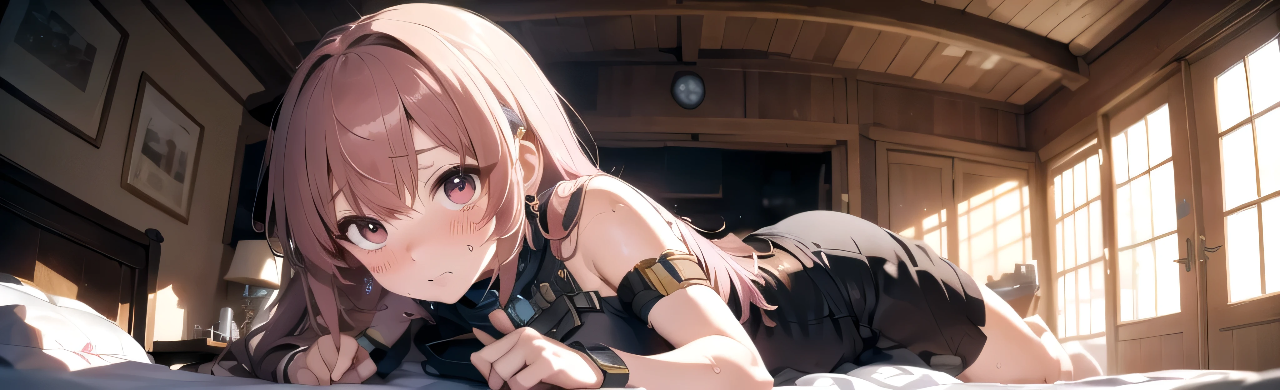 masterpiece, best quality, 1girl, skinny, , shirt, (:1.4), pantyhose, eyewear on head, purple eyes, empty eyes, fishnets, full body, purple background, laying down