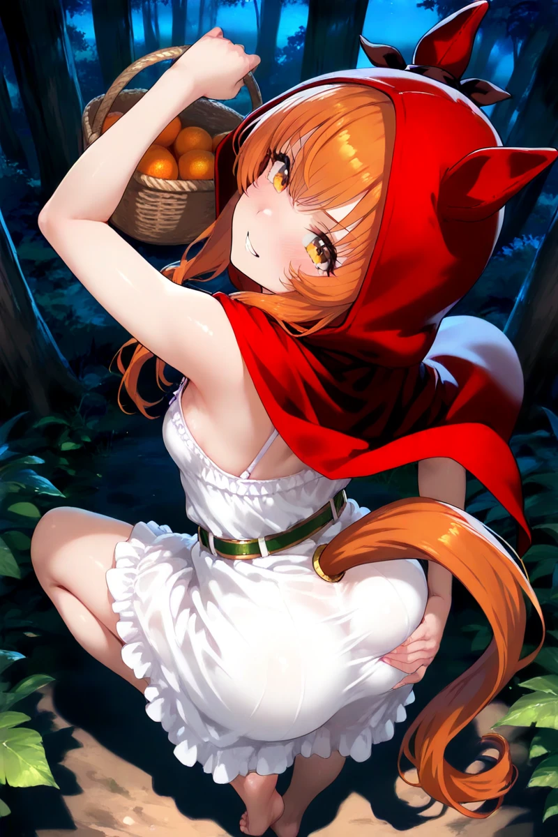 Sexy asian woman, big breasts, red hair, little red riding hood cosplay, sexy, micro skirt, view from behind, upskirt view, in the forest 