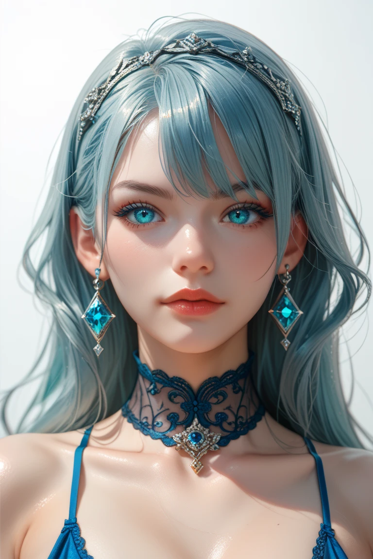 best quality, masterpiece,  (realistic:1.2), 1 girl, blue hair, blue eyes,Front, detailed face, beautiful eyes, make up,