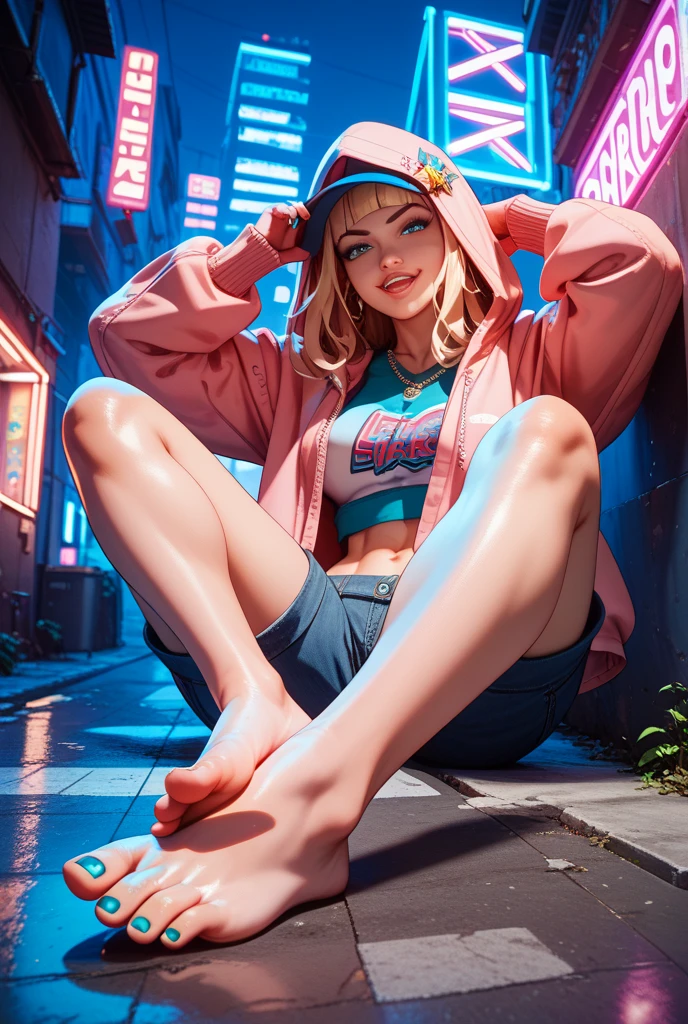 youngwoman, perfect ???????, perfect arms, perfect hands, perfect fingers, perfect feet, (best quality), ((masterpiece)), (highres), extremely detailed CG, extremely detailed 8K wallpaper, extremely detailed character, (an extremely delicate and beautiful portrait), portrait, solo, light olive green medium hair, green eyes, light green headband, pink hoodie, dark grey denim shorts, white knee high socks with pale pink pantyhose, pink and white nike sneakers, 178cm, athletic built, tall girl, super tall girl, serious, Hong Kong, stay focus, night, downtown, karate stance, dynamic pose
