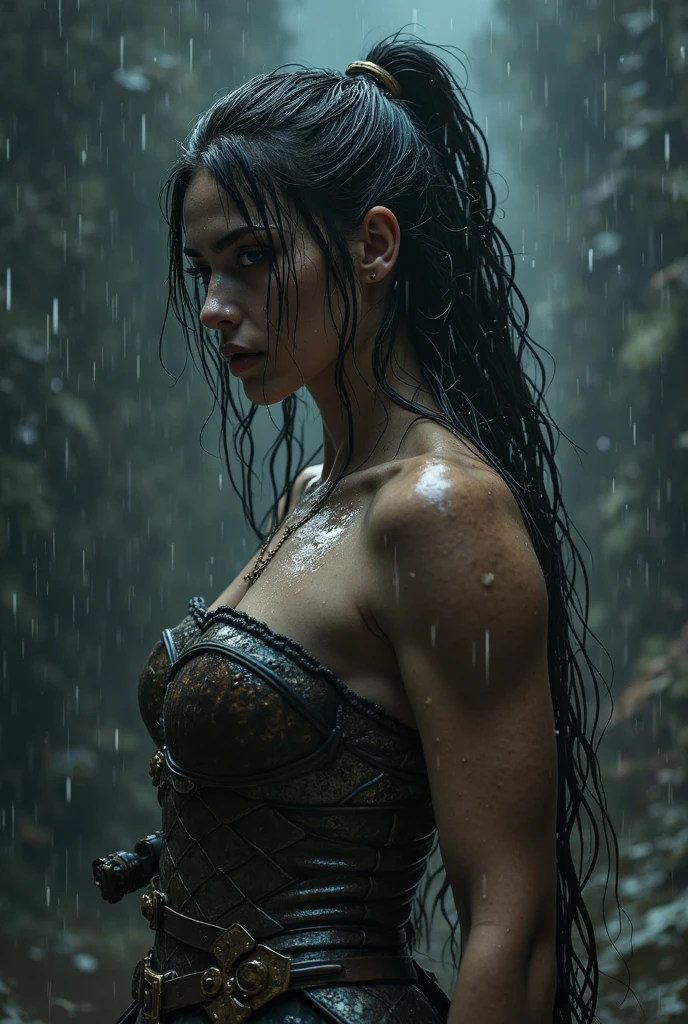 Woman embracing the rain、dynamic、16K, uhd, Unreal Engine, award winning, highest quality, ultra-high definition, Realistic, masterpiece, Photorealism, fantastic, digital art, uninhabited, concept art, exaggerated artistic expression, accurate, cinematic unrealistic style concept art, highly detailed, anatomically correct, super detail, textured skin, The size of the artifact is a realistic size balance compared to other objects around it,