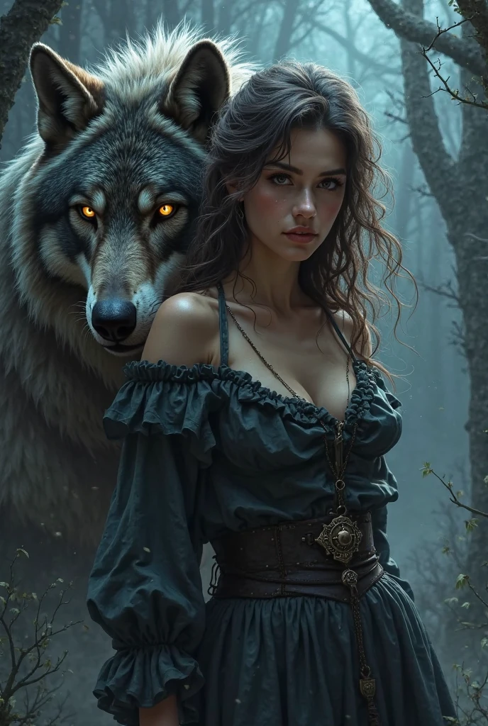 masterpiece, high quality, great detail of clothing and face, purple fog, beautiful ancient greek huntress, who commands a flock of wolves and ravens, with wild wild hair, burning wild eyes, in magical mystical clothes with amulets, she is tenderly hugged by a male werewolf, his eyes burn with red fire, the wolf&#39;s ears move on the top of his head, fur stands on end, against the backdrop of moonlight in the forest, Deep rich colors, complex parts, style of fantasy artists Carn Griffiths and Charles Vess