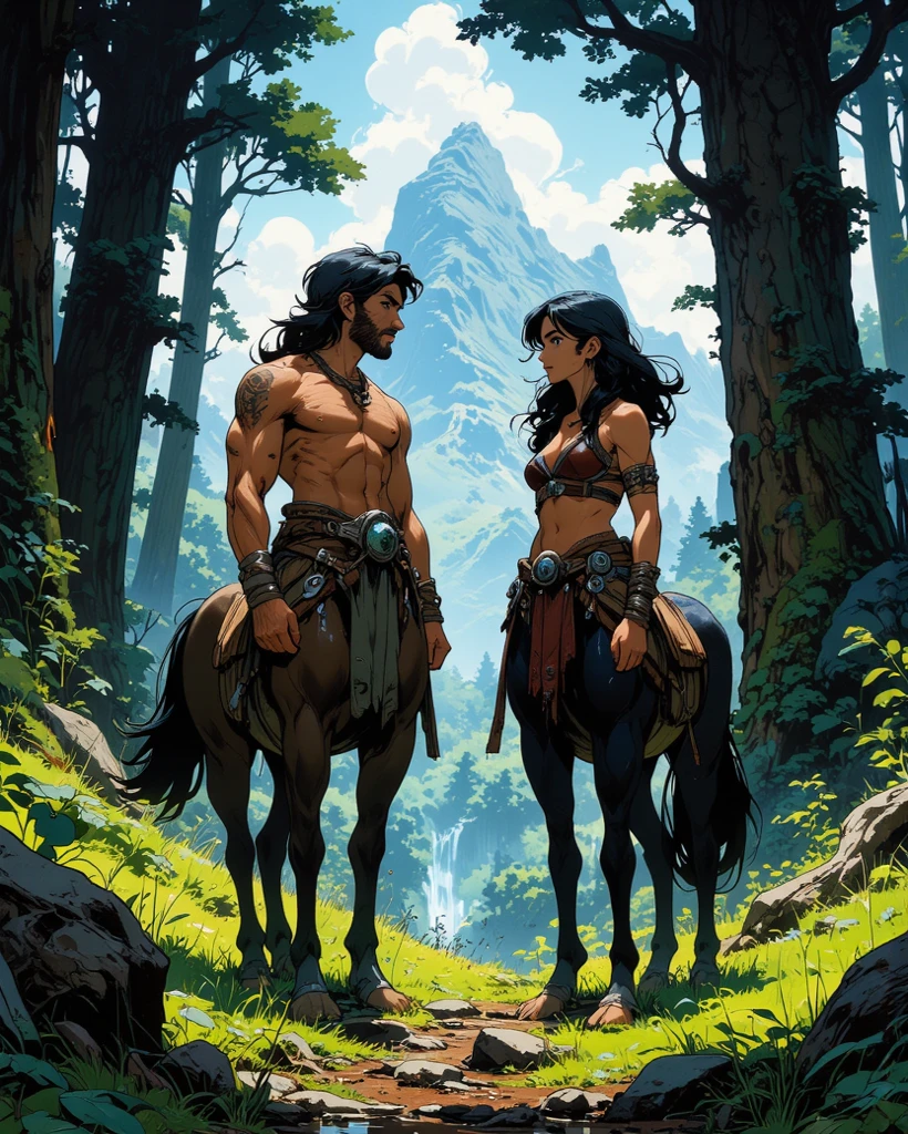 Barbarian with dark brown long hair, without armor and in the skin of a beast, with a bear amulet, two-handed sword, eye color - brown, dark skin, angular features symmetrical facial features