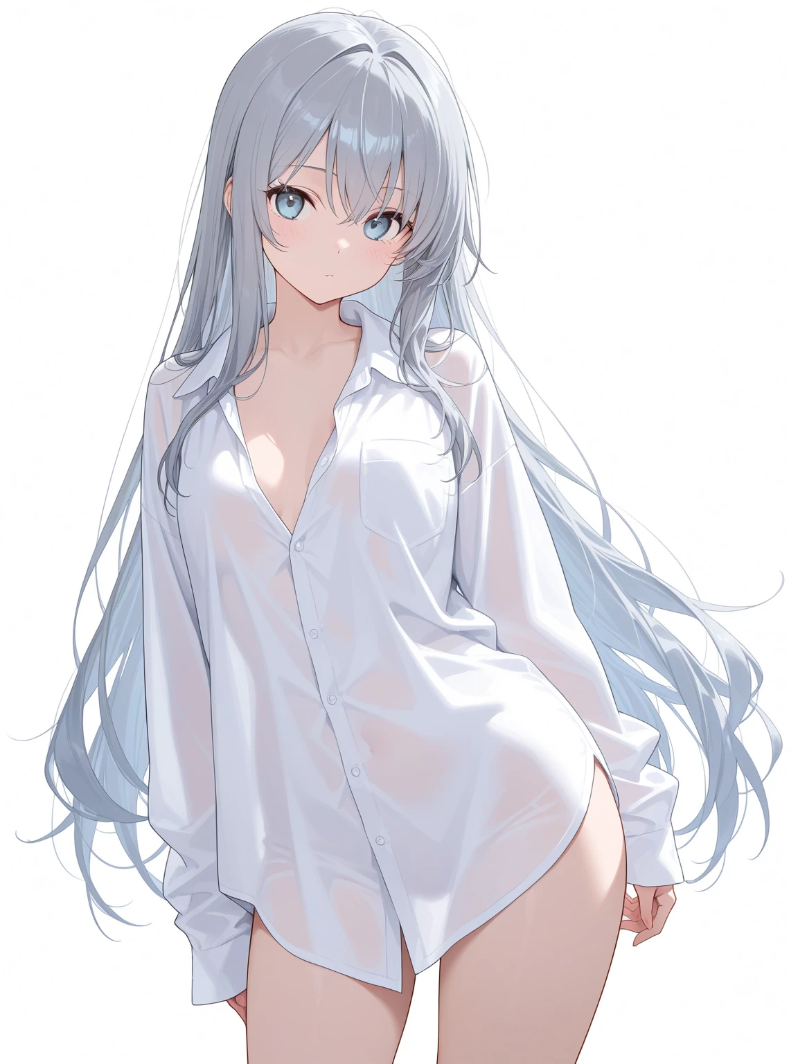 A girl，Sheer white shirt，Standing，whole body，underwear，Small Breasts，Undo the buttons on your chest，Exposing nipples，There is a white viscous liquid on the body，Nipple protrusion，Double tail，Brace your chest