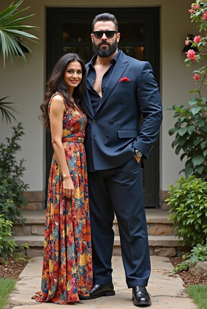 Create a realistic photograph of a smiling and beautiful indian actress in red satin carrying a large stout man on her shoulders in a room, man is sitting on top of her shoulders , man on top, woman standing at bottom , she is wearing black gloves 