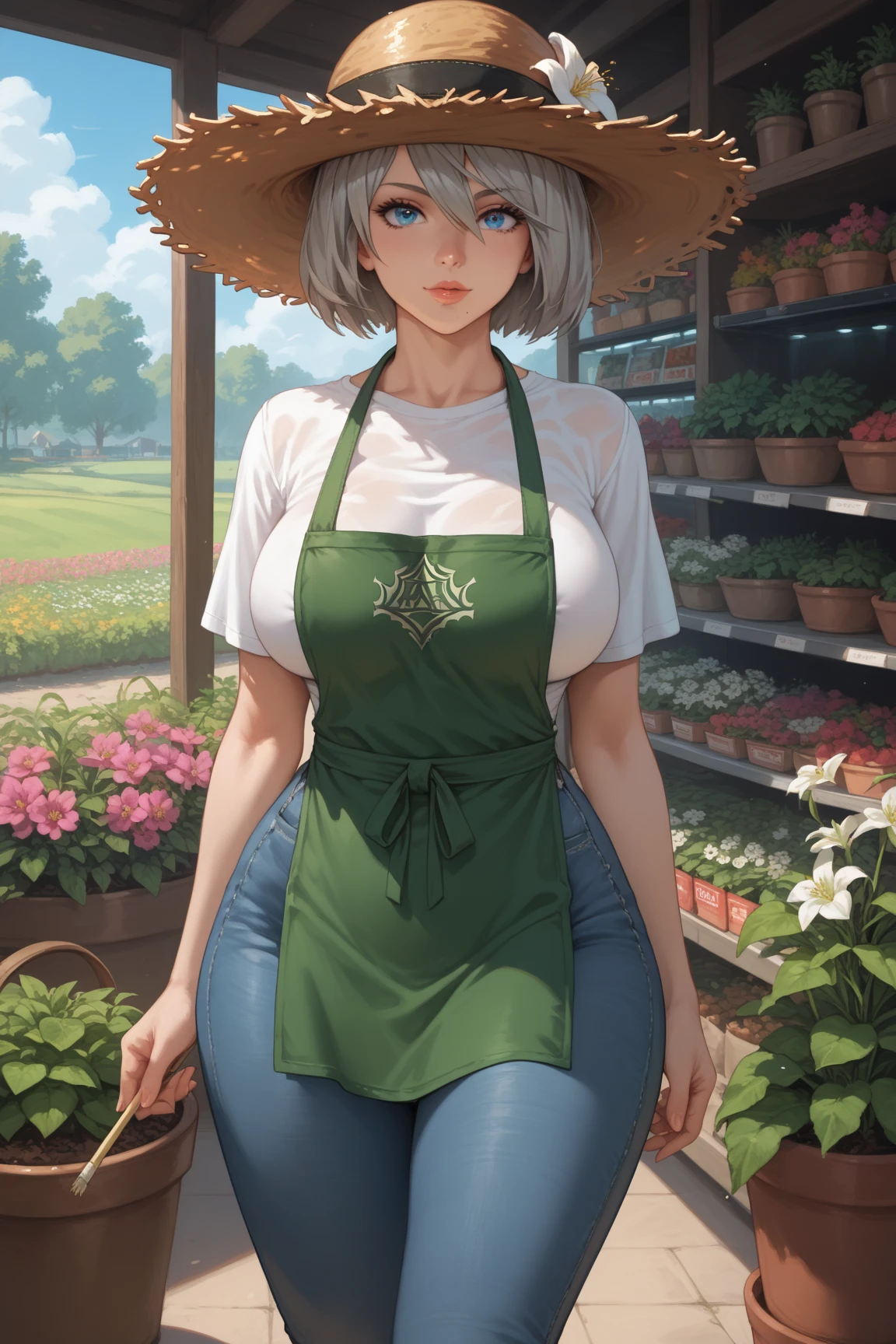 1female,25 age old,Large breasts,long leges,big chest and thin waist,a little bit chubby, photo exposure, 独奏,(Background with:at a forest,the rainforest,in summer) She has short blonde hair,The stands up,seen from the front, curlies, The sky is mostly cloudy,(((tmasterpiece),(Very detailed CG unified 8k wallpaper),Best quality,电影灯光,detailed back ground,beautidful eyes,Bright pupils,(very delicate beautiful),(Beautiful and detailed eyes description),ultra - detailed,tmasterpiece,)),facing at the camera,A high resolution,ultra - detailed),Expose breasts exposed,Bare genitals, very big boobs,Protruding lower body,Camel toes,cook(dressed in:green chef uniform,Transparent apron)nakeness,