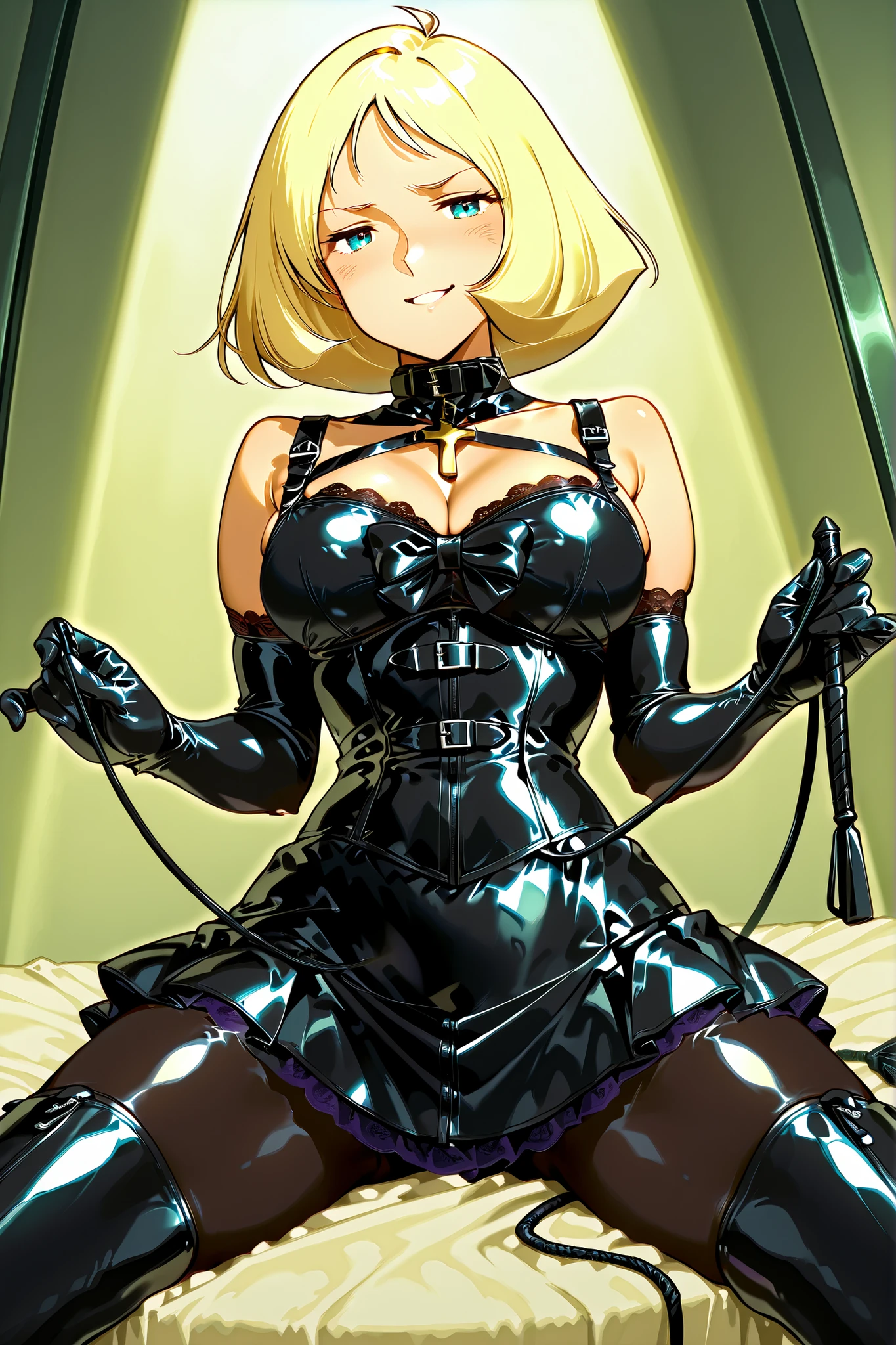 高いest quality、masterpiece、((1 Girl:1.3))、((Her eyes are single、Her eyes are fished out:1.5))、((Her mouth is big、White teeth stand out:1.5))、((anger))、(((She has her bangs down:1.8)))、(((Her bangs are straight:1.8)))、((Natural curl:1.3))、((Curly Hair))、((Gray Hair:1.5))、Detailed face、 (Comic style illustration:1.8), (Line art_anime:1.5),(Black and white painting:1.8),(Monotony_High Contrast:1.5),(G-Pen)、bondage、Queen、Gal、One Girl、alone、(((指先までBlack latexで覆われた長い手袋)))、(((Black latex corset dress:1.4)))、(((Beautiful lace corset dress.)))、(((corset dress with shoulder straps)))、(((Black latex tight mini shorts:1.4)))、(((Black thigh-high boots)))、Stiletto heels、(((Black latex)))、(((Black latex bra)))、(((Black leather collar)))、(((Sexy pose)))、Spread your legs、(((erotic)))、(((Cowboy Shot)))、