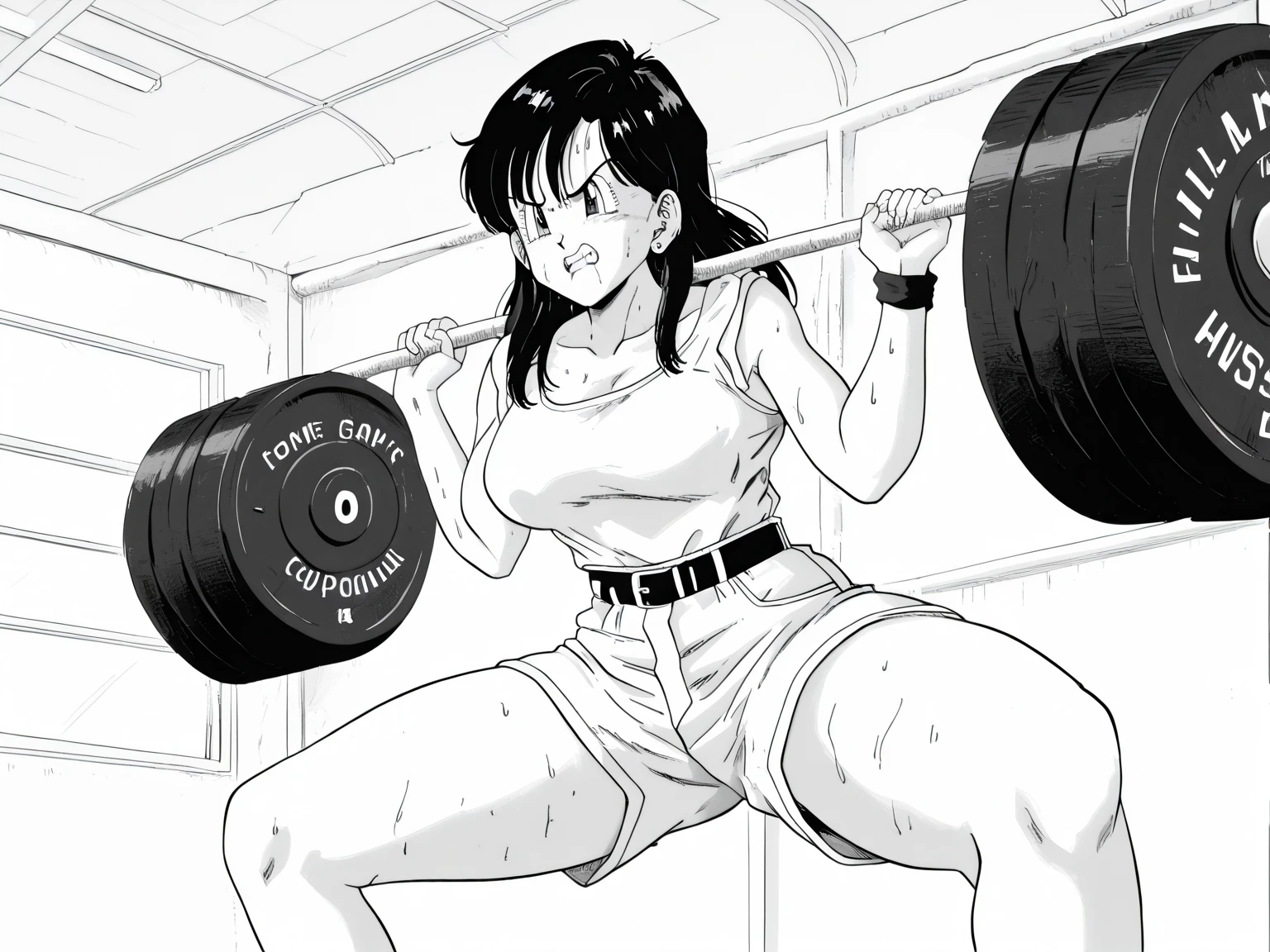 score_9, score_8_up, score_7_up, ASCII masterpiece, source_anime, BREAK, 1girl, solo, long hair, (( <lora:mari_ooaya:1> , mari_ooaya, normal waist, wide , beautiful skin, beautiful black hair, beautiful dark blue hair, clear eyes, piercing dark blue eyes, bright pupils, beautiful eyes, huge and shaggy , beauty, extraordinary beautiful woman, attractive woman, super  woman,  body,  woman with   body, sensual body, voluptuous body, 1990s \(style\) ,  1980s \(style\), RETRO ARTSTYLE)) , retro gym uniform, (sweat:1.4), (sweating:1.4), detailed face, weightlifting, exercise, sport shoes, gym, sweat, smug, evil smile,  cleavage, dynamic lighting