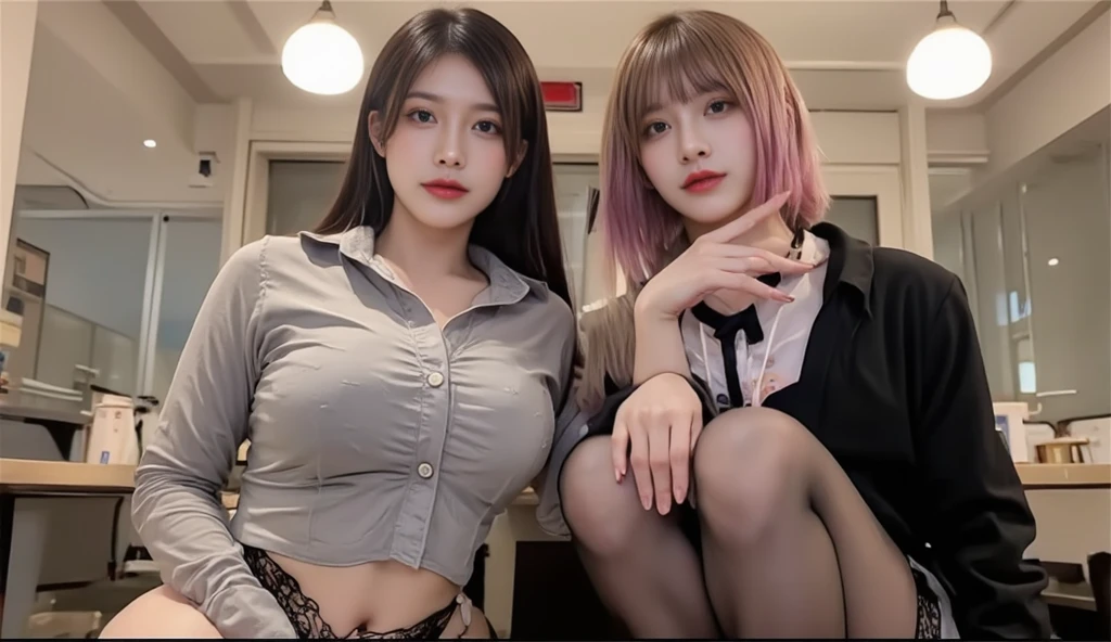 ((top-quality、NSFW、8K、masterpiece:1.3))、((2 girls:1.7))、in a school、((Japanese Junior High School Girl))、Good friends mother and daughter posing side by side while looking sexily at camera in school classroom、Raw photo、Ultra-high resolution photos、in the conference room、disheveled medium long hair、A dark-haired、No bangs、((red blush:1.5))、((A smile:0.7))、((closing eye:1.4))、((Open mouth:0.9))、(Petite bust:1.5)、(breast closeup:1.4)、Looking at the camera、View Viewer、Look at viewers、(Random Hair Styles)、Wearing a black blazer and black pleated skirt:1.3、a necklace、Ear-piercing、Wet lips、hyperdetailed face、A detailed eye、facing the front there、 ((( Nipples protrude from the blazer )))、(((Show panties)))、(((Show nipples )))、A sexy、Small、pointed Nipple、low angles
