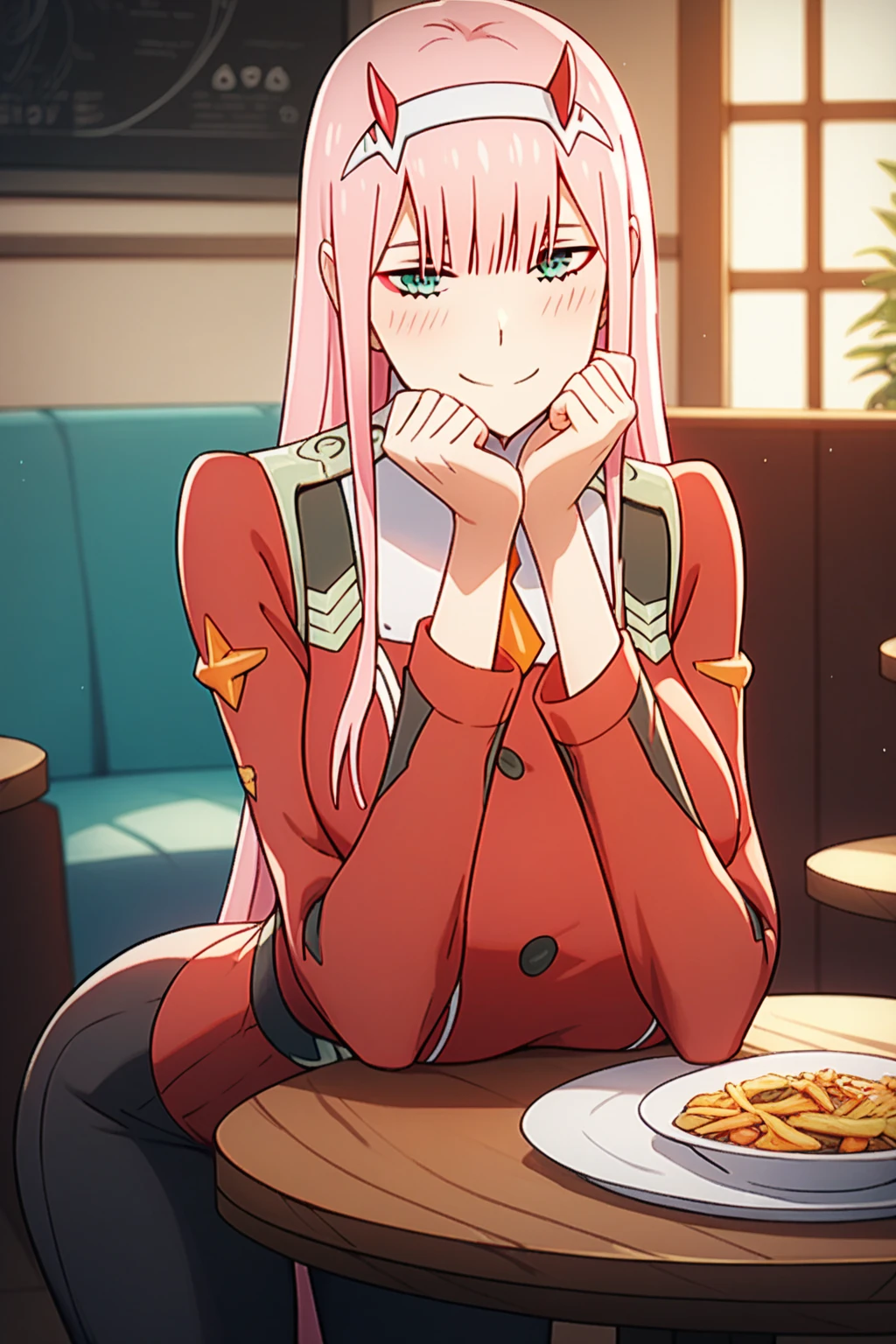 Score_9, Score_8, Score_7, Zero Two from Darling in the Franxx, Female, Petite, Pink Hair, Long Hair, Even Bangs, Green Eyes, Hairband, Horns, Red Horns, White Hairband, Red Jacket, Long Sleeves, Black Leggings, Leaning Forward, Arms On Table, Hands Under Chin, Fancy Restaurant, Huge Breasts, Large Breasts, Massive Breasts, Wide Hips, Thin Waist, Very Thin Waist, Wasp Waist, Aerial View, Smiling, Blushing, Seductive, (cartoon-style bold line work:1.2), Vibrant Colors, Cel Shading, Simplistic Art Style, Looking at Viewer, Solo
