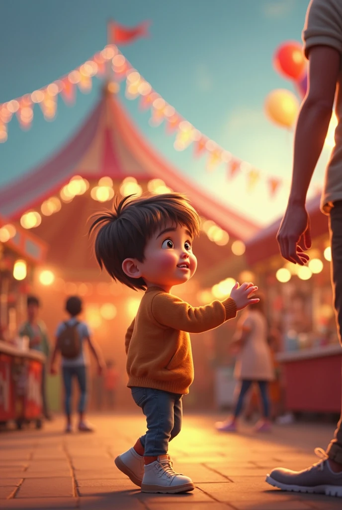 a boy shorter than him with brown hair and green eyes with a light brown sweater, a white shirt underneath and dark blue pants, with a frightened expression and a little scared as he looked at a sign taped to a shop window while standing on the sidewalk, the sky with fog and buildings behind