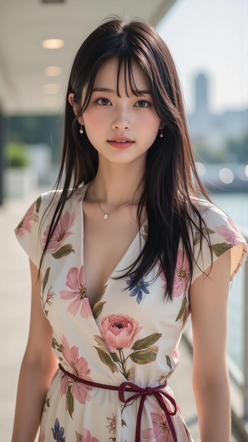 Draw lips correctly, red lipstick, from chest up, best quality, super detailed, lifelike, Ultra-fine skin, perfect anatomy, (hinata hyuga Mature woman), (alone)，Wear floral green high-end round neck dress，short sleeves，wavy long hair，27-year-old woman，Mature，charming smile，garden background，stand，Chubby face， Hair tied into a ponytail，The body is a bit fat，medium bust，full-body shot
