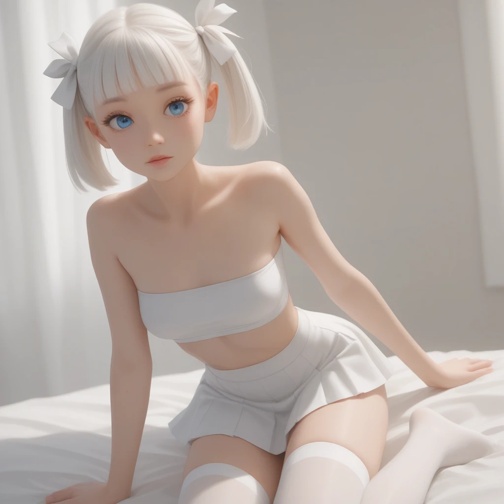 (16K, super detail, super delicate image quality, high resolution, ultra-realistic, RAW), full body depiction, 2 girls, big eyes, clear blue eyes, super small, on all fours, long and thin legs, wide open legs, on bed, super close-up, very small size see-through T-shirt, T-back pants, intense thinness bite, chest wide open, shiny blonde, knees raised with both hands, The middle of the areola is a hard and long protruding pink, the whole body is covered in white liquid, shiny white skin, grinning eyes, big smile, cute tongue sticking out