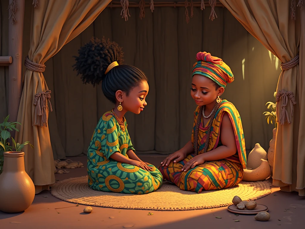Wide angle shot of a Beautiful happy African babies dressed in African designed clothes, made of hides and leather, sitting in a neon lit  bouncing castle with African designs on it, bouncing castle full of African designed bouncing neon lit marble balls, shining particles in the air, dark interior with African designs in the scene shining blue and violet colours in the scene, giving a scene a blue and velvet cinematic look, with iridescent light, hyper-realistic image, 32k, ultra HD, cinematic lighting  