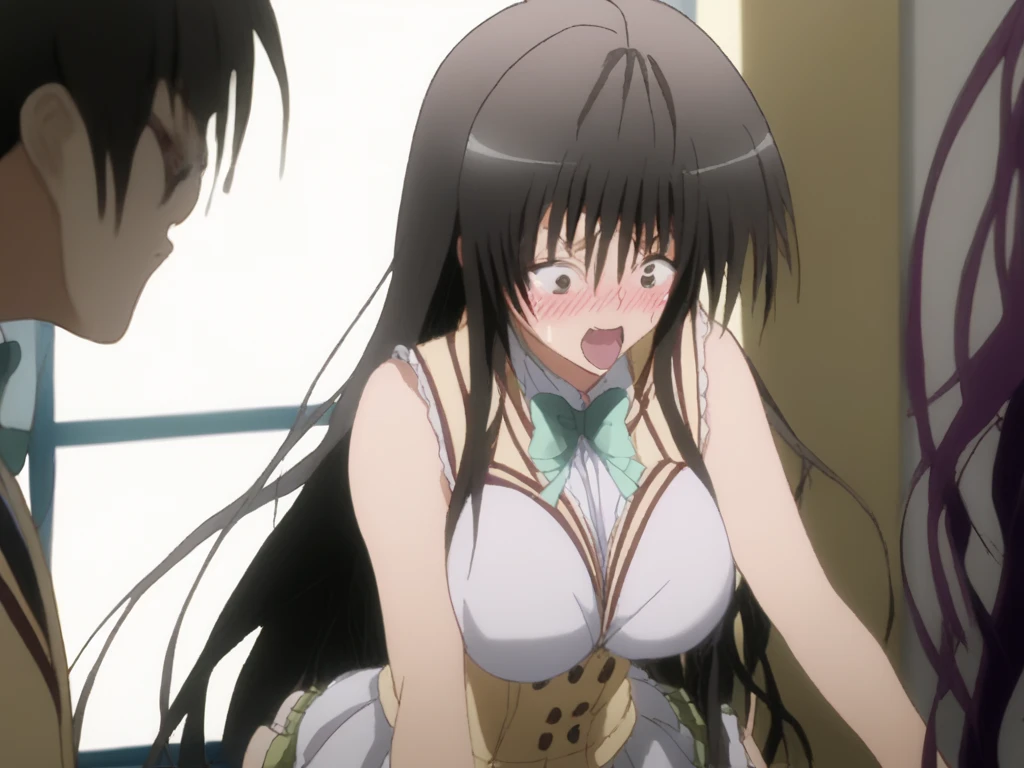 (megami magazine, anime poster style, shueisha style, anime cels style, best quality, high resolution), Kotegawa Yui, long hair, black hair, (beautiful detailed eyes:1.8, beautiful face:1.5), 1girl, cute, (sagging large breasts), cleavage, (maid bikini:1.5, waist apron), cowboy shot, maid gloves, elbow gloves, outdoors, farm