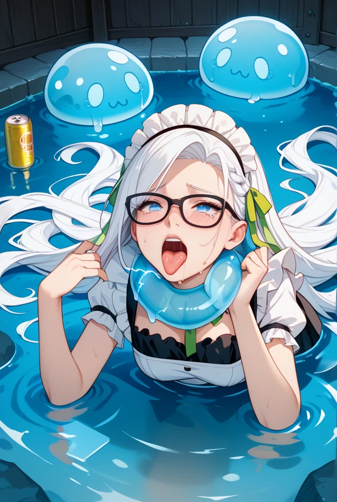 artwork, Attention to details, beautiful girl , big breasts, long white hair and red eyes, with  uniform, blue skirt, serious face, bare legs, white panties, whole body, barefoot, trapped inside a transparent glass jar, waxed inside, inside the jar, whole body en el frasco, sentada inside the jar, barefoot, trapped in the jar. In the background more girls trapped in glass jars 