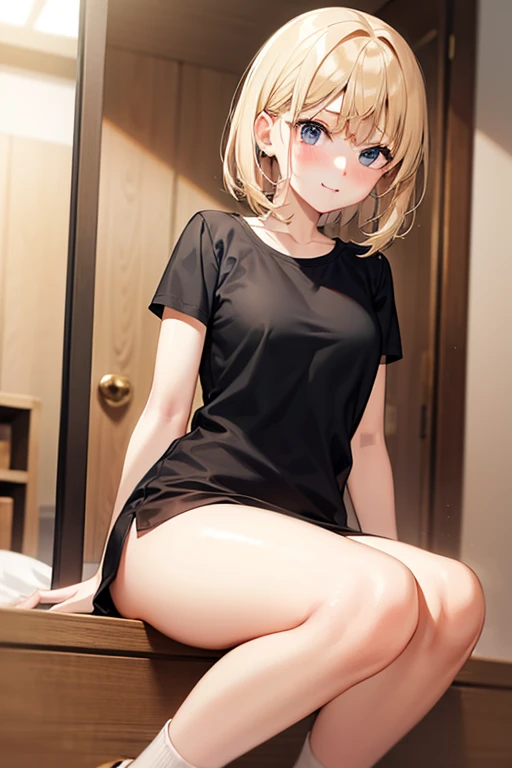 masterpiece, highest quality, High resolution, aakikyo, short hair, Hair Intake, White hair band, Sweater dress, (No sleeve), Virgin Killer Sweater,Hotel,On the bed,Yellow Hair, Standing on tiptoes,(Her legs were spread、I see your white pants.), (I was made to sit on the floor with my legs spread...), (M-shaped legs), thin, (Sit with your legs apart), (Crouching pose),
