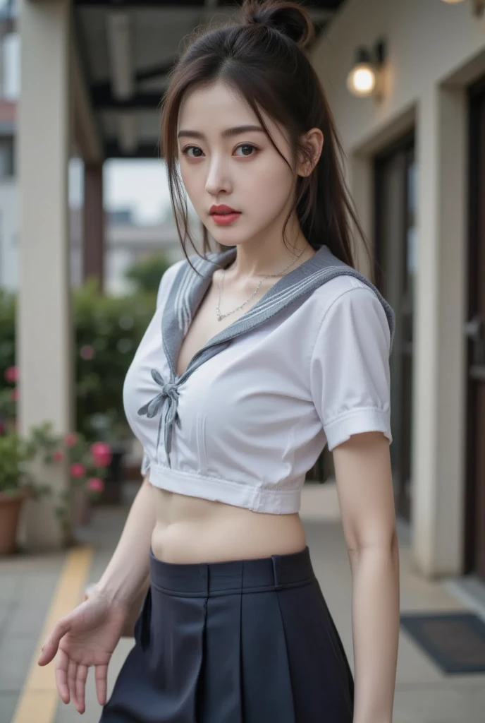 women in school, (((thai student uniform) , white crop top)), blue school skirt, Open the navel, Open belly, (Showing the abdominal area), walking place