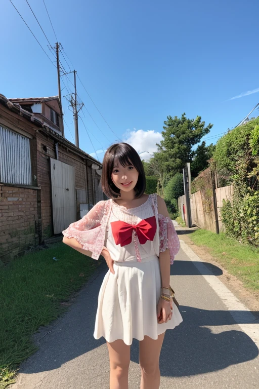 Street performer girl dressed as a clown、Clown makeup、cute gesture、smile、Full body shot、(((masterpiece))), (((highest quality))), ((intricate details)), ((surreal))、best lighting