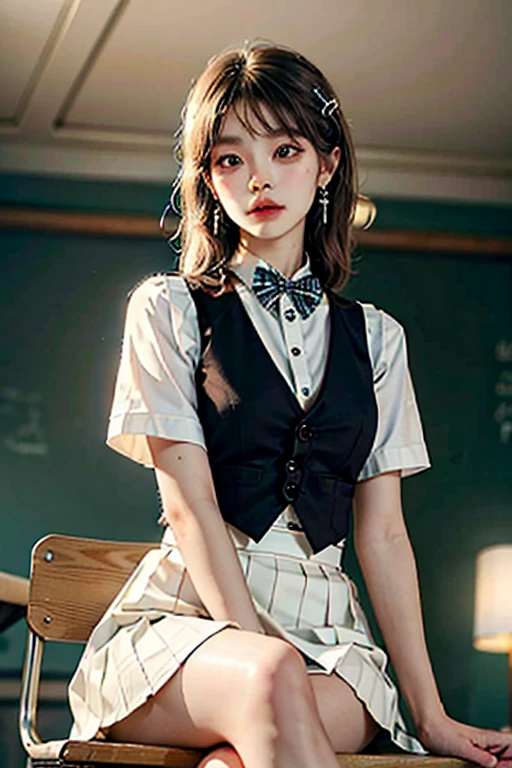 (realistic:1.3), finely detailed, quality, rembrandt lighting, (masterpiece:1.2), (photorealistic:1.2), (best quality), (detailed skin:1.3), (intricate details), dramatic, ray tracing, 1girl, japanese girl, 21 years old, detailed skin texture, (blush:0.5), (goosebumps:0.5), subsurface scattering, smiling, medium breasts, short hair curls, bangs, hair between eyes, office uniform, office vest, micro mini skirt, (holding many files:1.3), cowboy shot, (office, photocopier, filing shelves, files), <lora:office uniform:0.8>