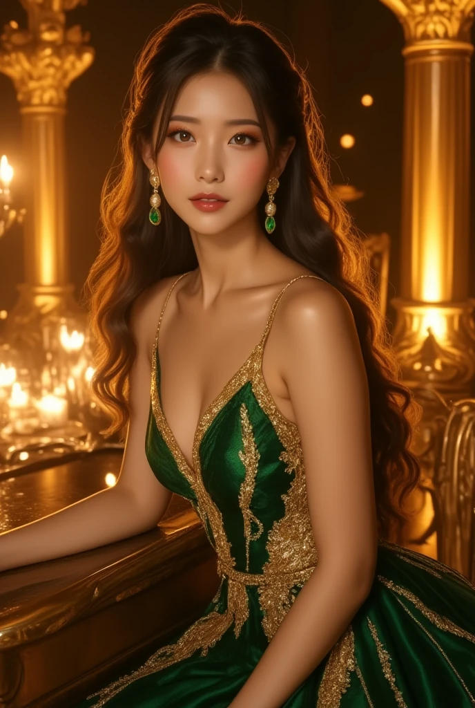 (​masterpiece, best quality:1.5), highest quality, High resolution, super detailed, realisti, Full body photo of Asian women, detailed and beautiful eyes, beautiful detailed lips, very detailed eyes and face, longeyelashes, Women in green and blue long satin dress. Beautiful and colorful makeup, elegant and noble々Pose, jewels, Gardens as background Soft daylight, bright colors, fine brushstrokes, Portrait style, beautiful color palette, glowing skin, First-class rendering, that captures every detail, enchanting atmosphere, subtle shadows and lights, (perfect ???????:1.2), (magnificent panorama view:1.2)