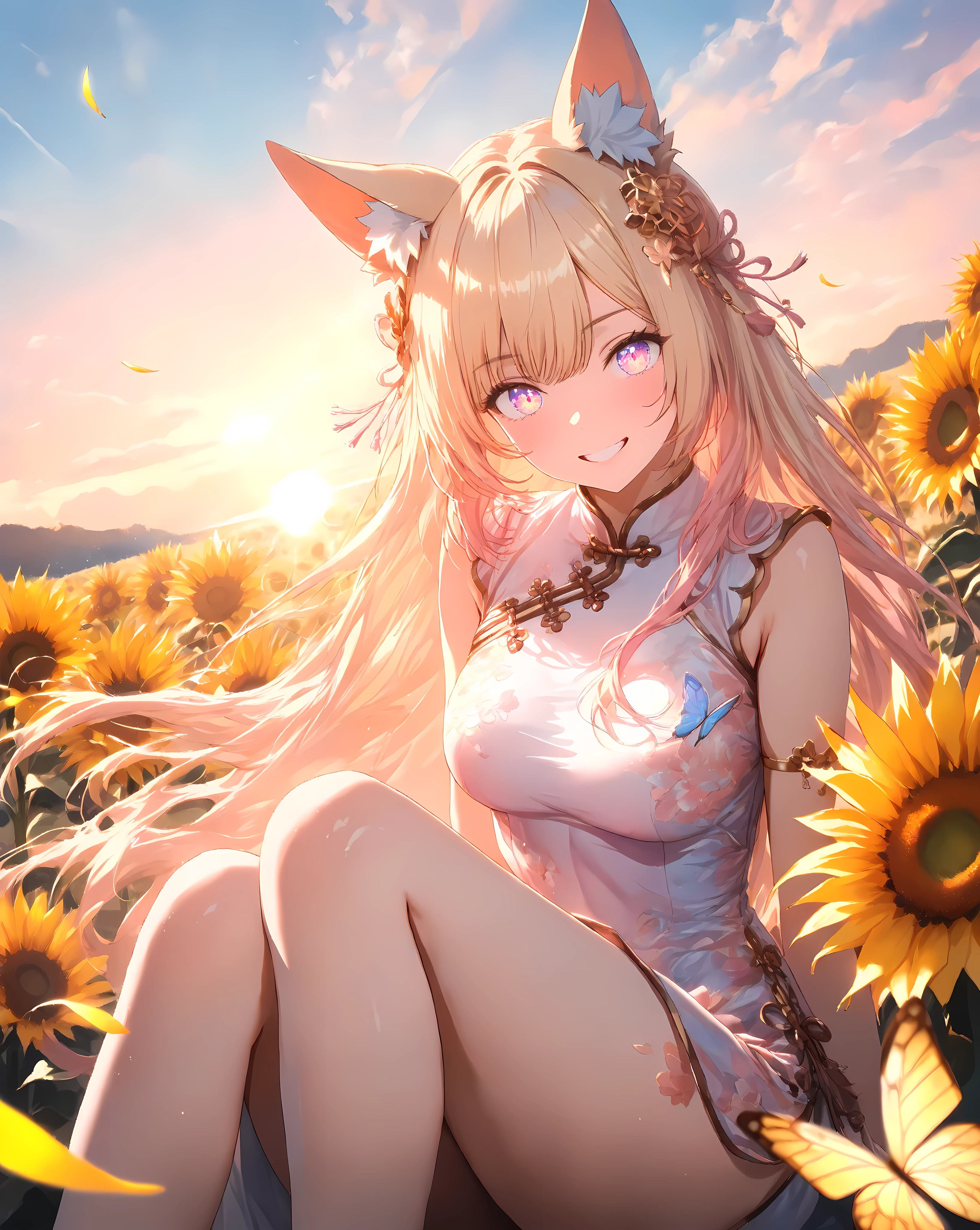Quality: 
(high score), (masterpiece, detailed:1.2), (ultra-detailed), (ultra-quality), (super-resolution),

Art Style: 
(photorealistic):1.4, (2.5D):1.5, (golden hour lighting):1.6, (warm cinematic lighting):1.5, (volumetric light rays):1.4, ray tracing, depth of field, (vibrant sunset pastel palette):1.3, dramatic angle, (ethereal atmosphere):1.2, (dreamy aesthetic):1.1

Subject: (close up),(Foreground), 
(Breathtaking fox Woman):1.5,(Sassy pose):1.2,(triumphant-grin):1.4,(determined expression), (delicate fox ears):1.3,(delicate fox tail):1.3,
(delicate vivid eyes),(delicate and moisturized lips),(smooth and Slender body lines):1.3, (translucent and moisturized skin), (graceful knee lines), (natural and beautiful leg lines), (delicate body contours),
(blonde hair with Soft Light):1.2, shimmering with digital light, meticulously detailed strands of hair, silky smooth texture, flowing like it flutters in the wind, natural shading and highlights

Outfit:
(A fitted Chinese dress):1.5,(Pastel lavender and pink gradient Chinese dress): 1.7, (Chinese dress with deep slits on the legs):1.6, (Chinese dress with pastel floral): 1.6,(Pastel pink floral hair ornament):1.4,(Chinese dress from which the fox tail emerges):1.2,
(Chinese shoes):1.2 

Background : (Midground & Background),
(Sunset gradient sky):1.5, (warm orange to golden yellow gradient), (soft pastel colors), (field of sunflowers in the foreground):1.4, (sunflowers facing the sunset), (detailed sunflower petals and stems), (bokeh effect on sunflowers):1.3, (shallow depth of field), (distant rolling hills):1.2, (softly blurred background), (golden hour lighting):1.6, (warm and soft light), (lens flare), (subtle rays of sunlight):1.1, (dust particles in the air),
(iridescent butterfly (soft glowing trails left by butterflies)