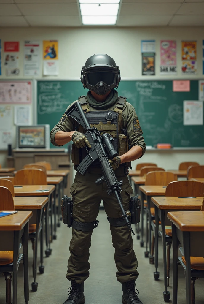 Indian college professor standing in class holding a M4 rifle, age 25 years, in classroom, Indian professor, M4 rifle, military