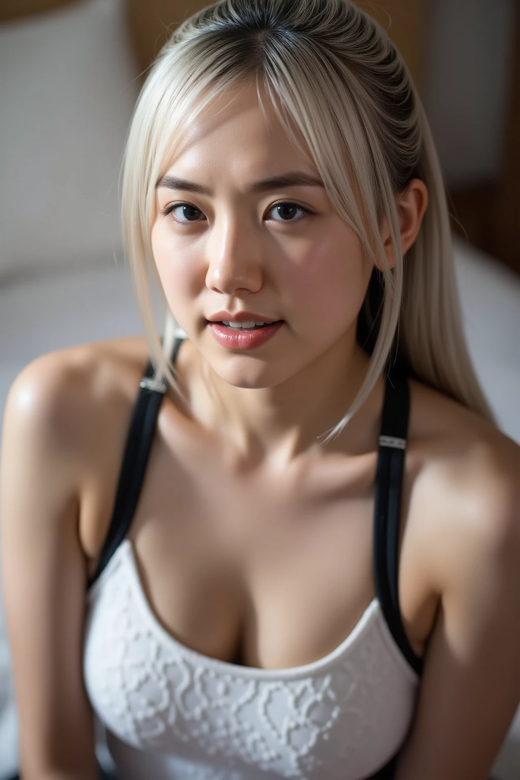 beautiful woman, white_hair, in a black skirt, on her knees,on bed, perfect body, big boobs, crop-top, very detailed image, light contour, realism, hdr, ultra hd, 4k, 8k,orgasm face, looking up at camera, pov from above, ,pov