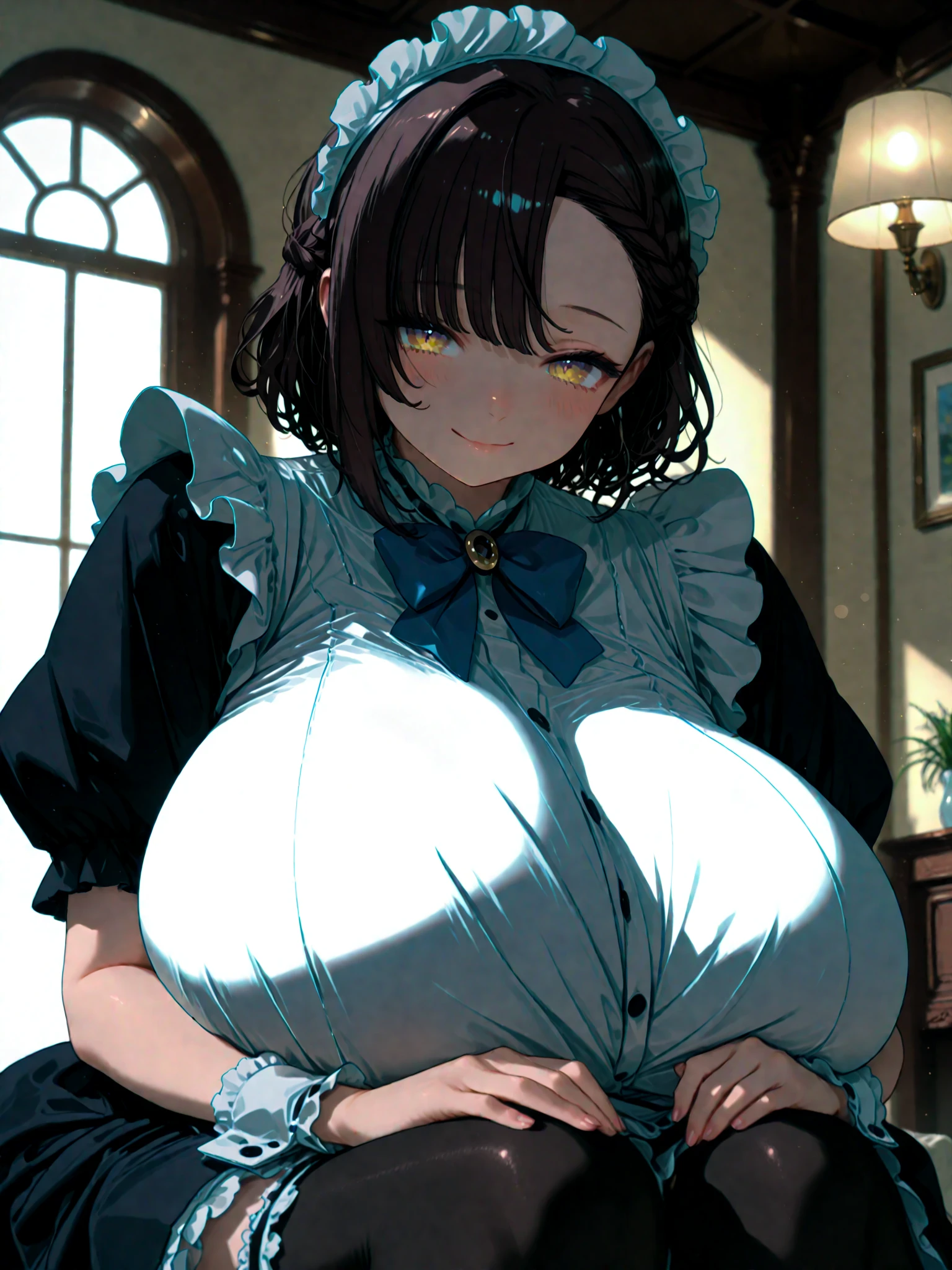 (height_difference:1.5), (size_difference:1.2), girls bedroom, fluffy, cute, (2girls:1.7), (giantess:1.3), (breasts and face closeup), smug,  :o, smiling, happy, solo, female focus, (cute sexy dress: 1.3), cleavage, shiny skin, a crowd of people on a table below the breasts of a giantess, a crowd of people on a platform in front of the breasts of a giantess, (multiple_girls:1.5), (minigirl:1.4), (minigirl on a table: 1.2), (cute dress: 1.2), shiny skin, sweaty