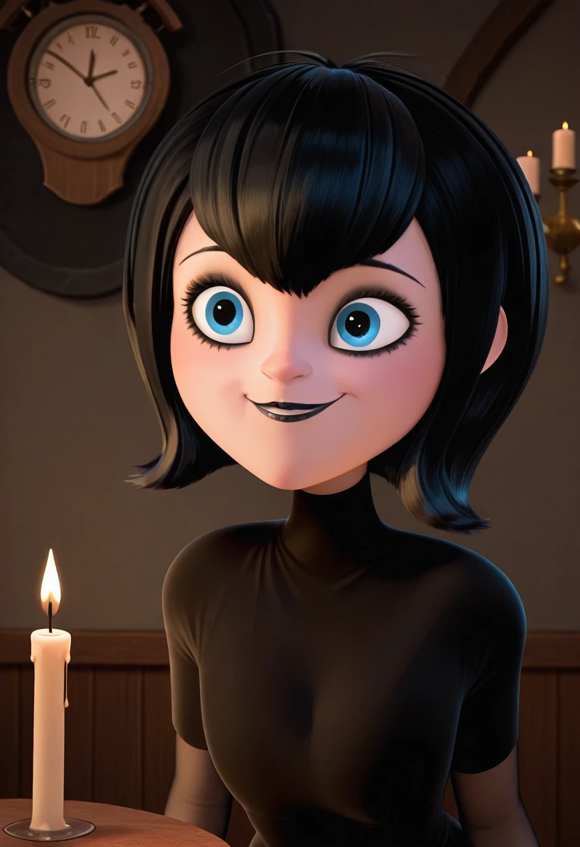 1girl, claymation, , 80's anime style, <lora:TFM_Raven:0.6> eating a chili dog at a kitchen table in an american home, wearing black leotard and cape, forehead diamond
