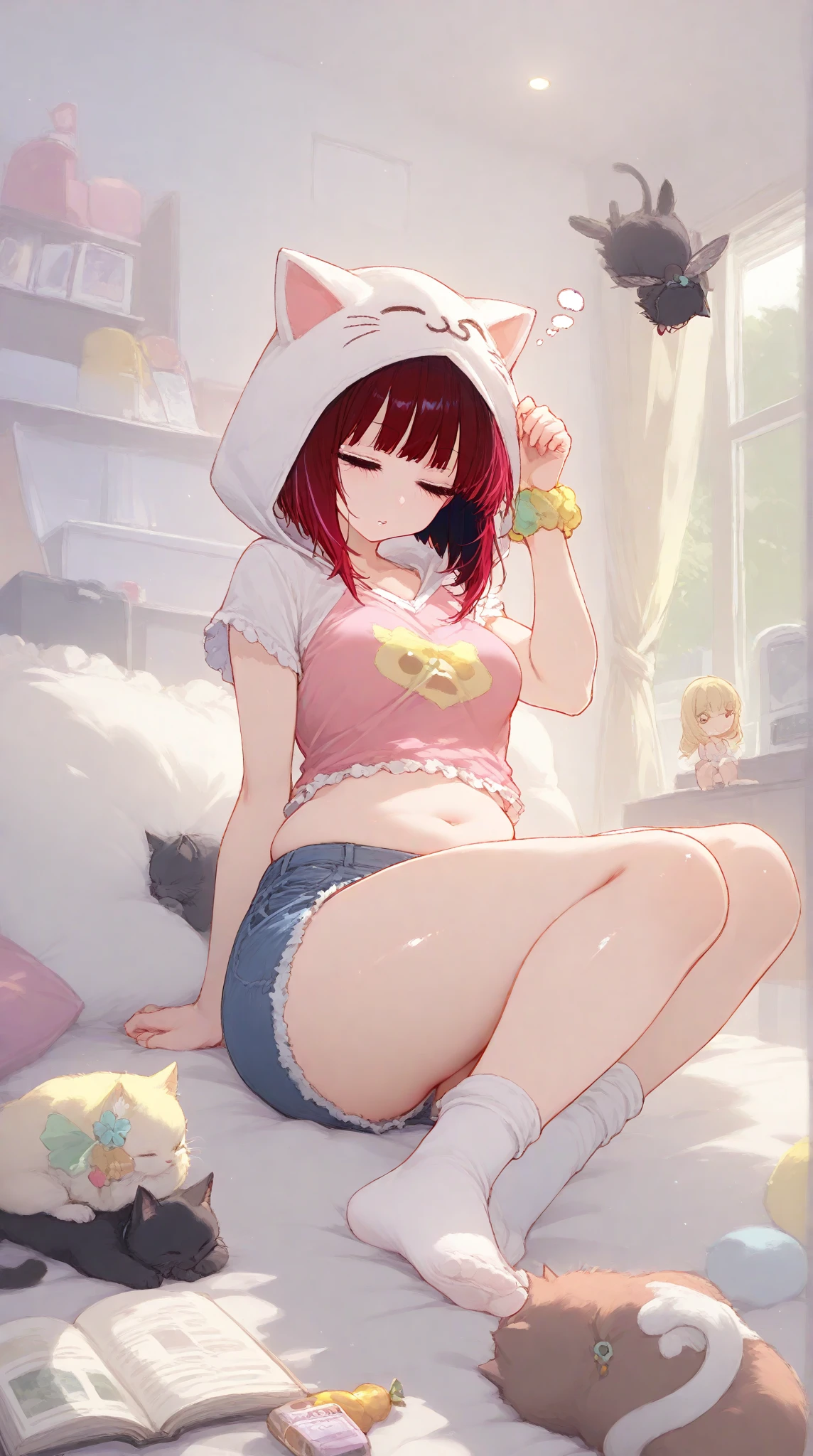 ((Masterpiece)), ((Best Quality)), (Very Detailed), ((Very Detailed)), 4K, (8K), very aesthetic, absurdres highres, 1 woman, (anthropomorphic panda, furry, kemono:1.5), breasts, solo, one eye closed, blue eyes, pink hair, shirt, underwear, panties, white shirt, sitting, indoors, open mouth, looking at viewer, side-tie panties, cleavage, pillow, window, small breasts, plant, blush, on bed, potted plant, short sleeves, collarbone, short hair, hair between eyes, no pants, pink panties, bed, waking up, fang, thighs, bare legs, t-shirt, crossed bangs, stuffed animal, stuffed rabbit, stuffed toy, wall,