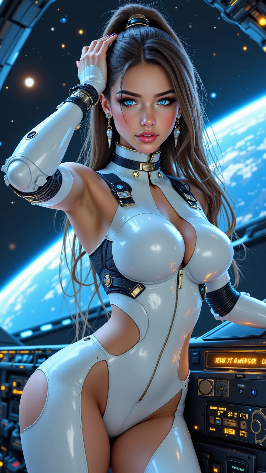 Masterpiece, art, young beautiful woman, flawless skin, smooth skin, very large firm breasts, perfect proportions, space cadet, in space station, in the future, anime, sexy, erotic, UHD resolution, realistic detail, realistic reflections, realistic shadows, 3D,