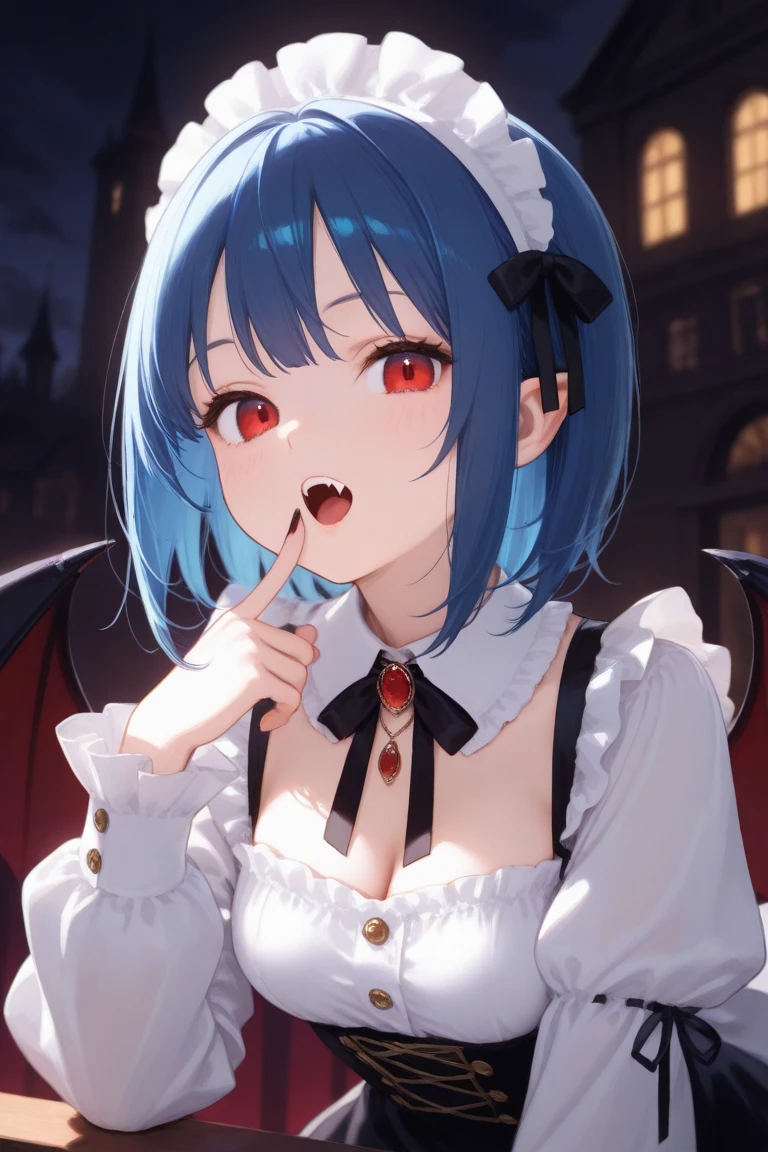 masterpiece、top-quality、1girl in、(I'm wearing a mob hat)、Medium hair with blue hair、red blush、the bow、ascot、wingspan、Bedroom background、Colossal tits、A slender、remilia scarlet、a closeup、fullnude、all-fours、dripping with open mouth、Happy face、Beautiful breasts