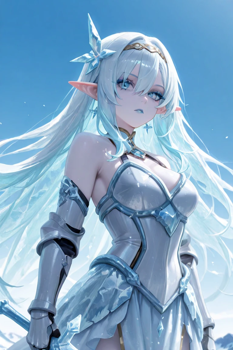 A faint and ephemeral shining hazy moon, a quiet summer night, a beautiful starry sky, a clear light blue sea background, an elf, elf ears, a wonderful body, wonderful proportions, a melancholy smile, pure white skin, and well-groomed eyebrows. , long light blue hair, whole body reflected, 8K viewing, highest quality, best sound, beautiful depiction of every detail,
