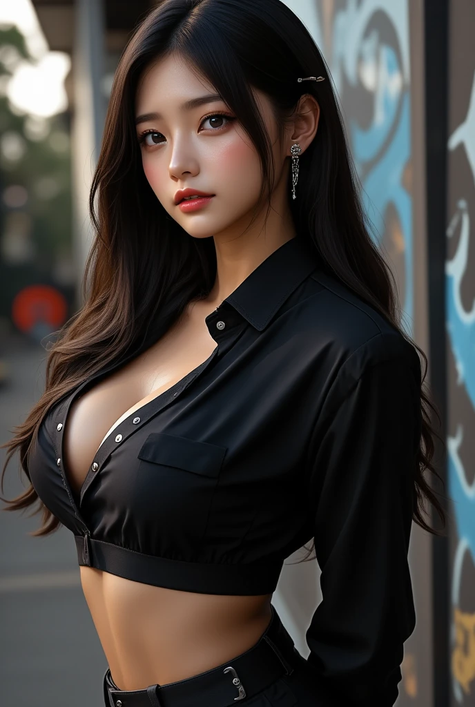 (Best quality, High resolution, Masterpiece :1.3), A small and (pretty young girl:1.4), 3 years old, (tanned skin:1.2) Slender abs, muscular body, Dark brown hair styled in loose waves, Wearing pendant, Black, Cleavage, button up shirt, Belt, Black leather G-Strin, (apocalyptic city ruins architecture in background), Details exquisitely rendered in the face and skin texture, Detailed eyes, Double eyelid,