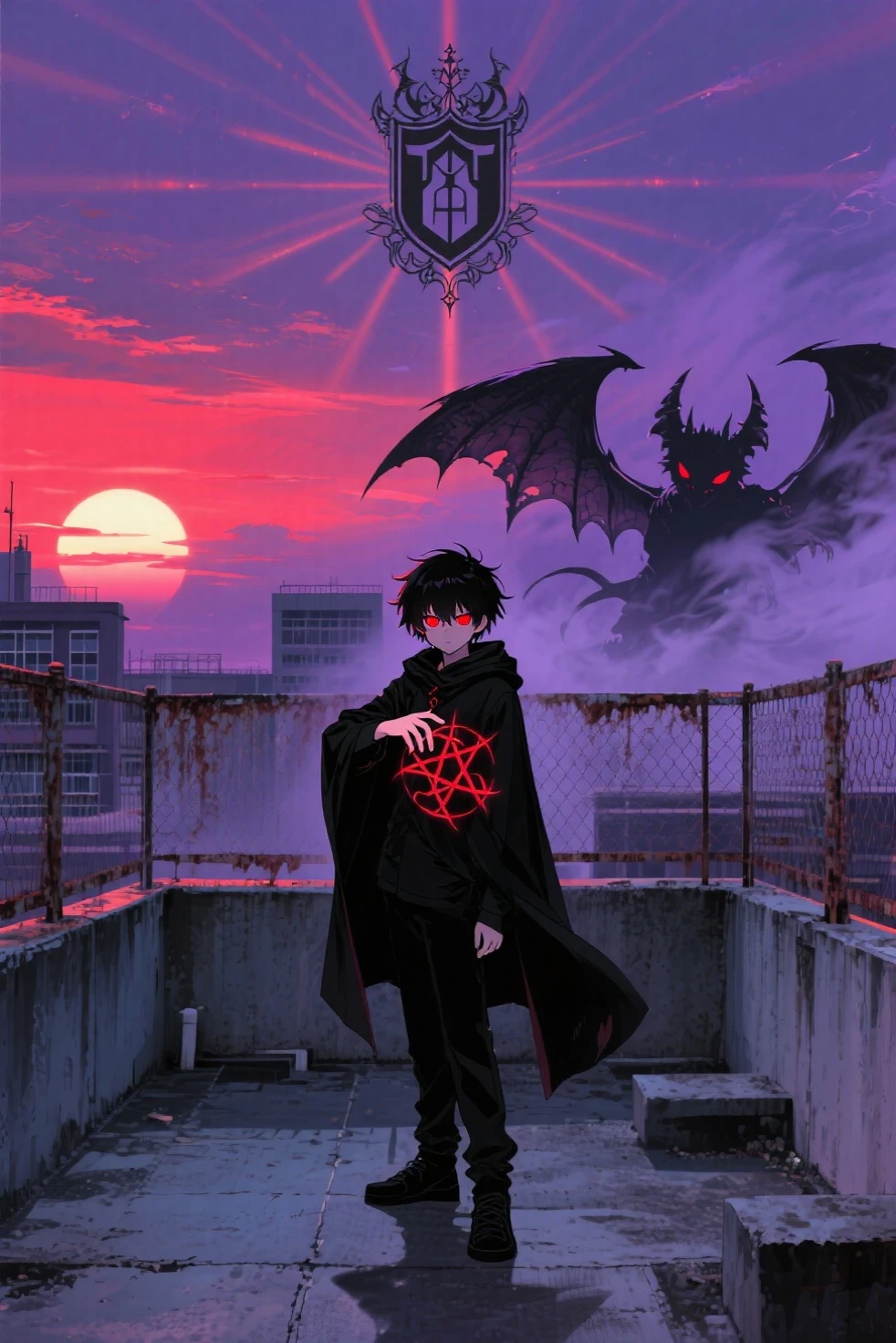 A boy with messy black hair, dark eyes, a huge demon shadow behind him, a dark atmosphere, and a red moon