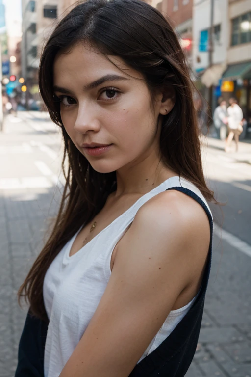 Photo d&#39;une femme brune de 20 ans, qui a un visage très naturel,  thin lips, yeux fins, Sourcils fins, nez fin, Des boucles d&#39;oreilles, long cils. She makes a joli selfie with a cup of coffee