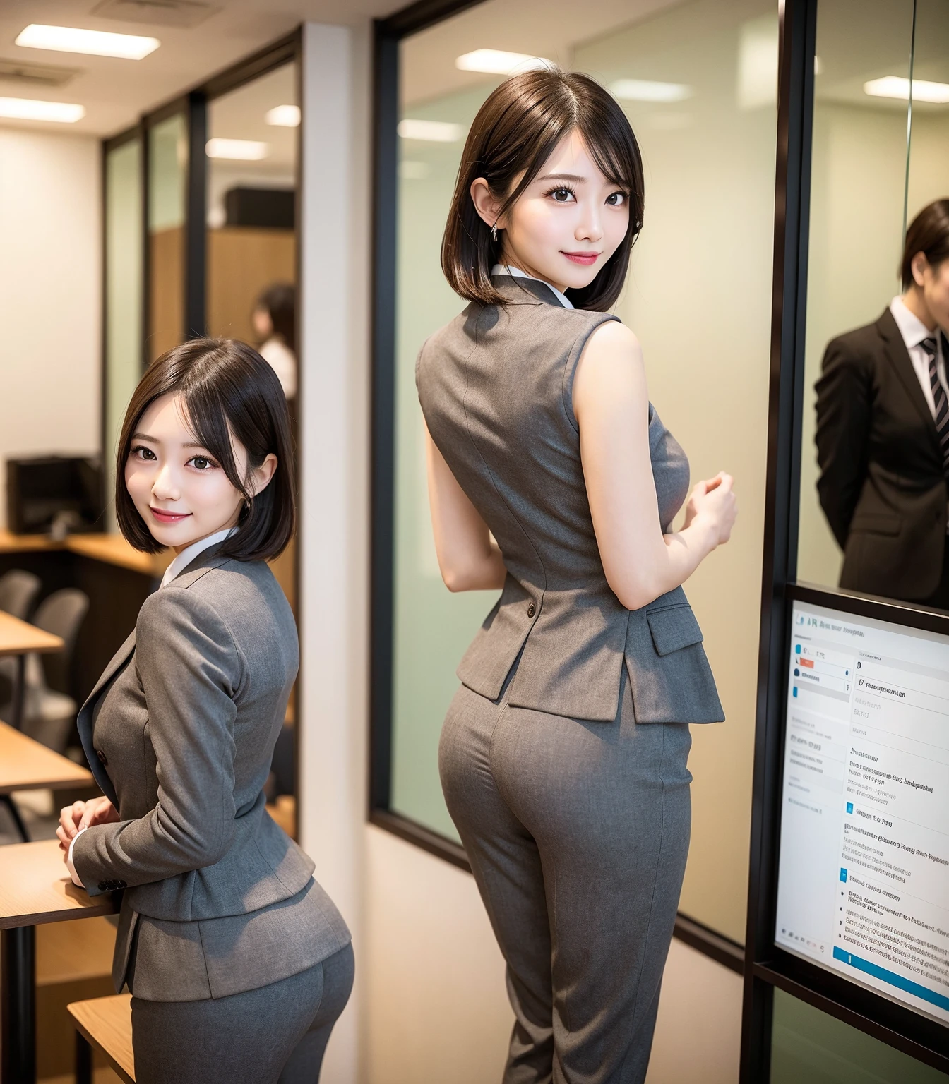 masterpiece、超High resolution、She is very cute and young like an idol...々Cute 18 year old business woman、Gentle and cute、A kind smile、bikini、Medium Bust、Many employees work、((女性社員は全員bikini姿で男性社員はスーツ姿))、Working in an office with a business desk in a building (女性社員は全員bikini姿)、(Male employees are in suits). whole body、RAW Photos、Genuine、High resolution、Live Action