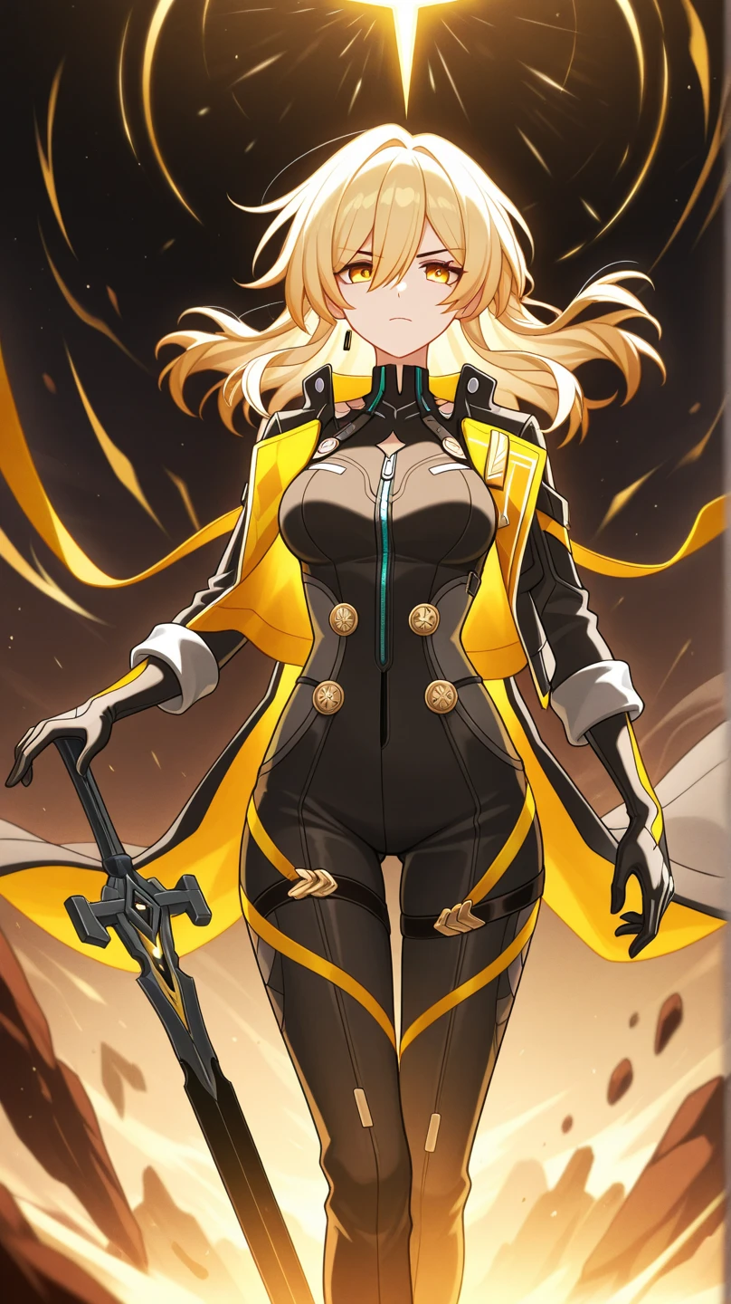 (((urban game wear))), ((( black blue and yellow suit ))), (((Bandaged body))), ((high collar)), (((corpo fitness))), (((best qualityer: 1.4))), (Unbeatable masterpiece), (hiper HD),(CG 8k hyper-realistic), (((brave face))), (((breasts small))), (((hyper feminine))), sexly girl, sucubus,（(long curly hair)), ((( sculptural body ))), (((1 girl))), 15 year old cyber girl with perfect body,,Beautiful and well-groomed face,muscular body:1.2,solid color detailed jacket, (Head to thigh photos)， complex outfit with graphic flames, (((standing alone))), violent brat, (((14歳))), sexly, pose de atitude, Create a cool character for a gacha game based on the game Zenless Zone Zero, female character in devil clothes in warm colors, S-level fire elemental character, devil horns and tail, beautiful and cute face, nymph body, lolly, haughty, devilish smile, wielding a serrated sword, pose de atitude, aggressive movements, Shark teeth, fully body