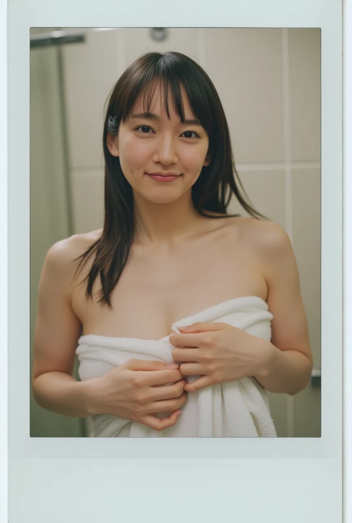 beautiful detailed eyes, no eye's make up, no lips, beautiful detailed lips, extremely detailed eyes and face, 1 girl, looking at viewer, shy smile, wrap the towel, soaked, soaked hair, indoors, black eyes, small breasts, wet hair, no makeup, bashful, brake, full-body horizontal photo, face facing the viewer, looking at the viewer with a shy smile, Canon EOS, clear facial features, 16K, high resolution, sharp and realistic details, super high resolution, highest quality