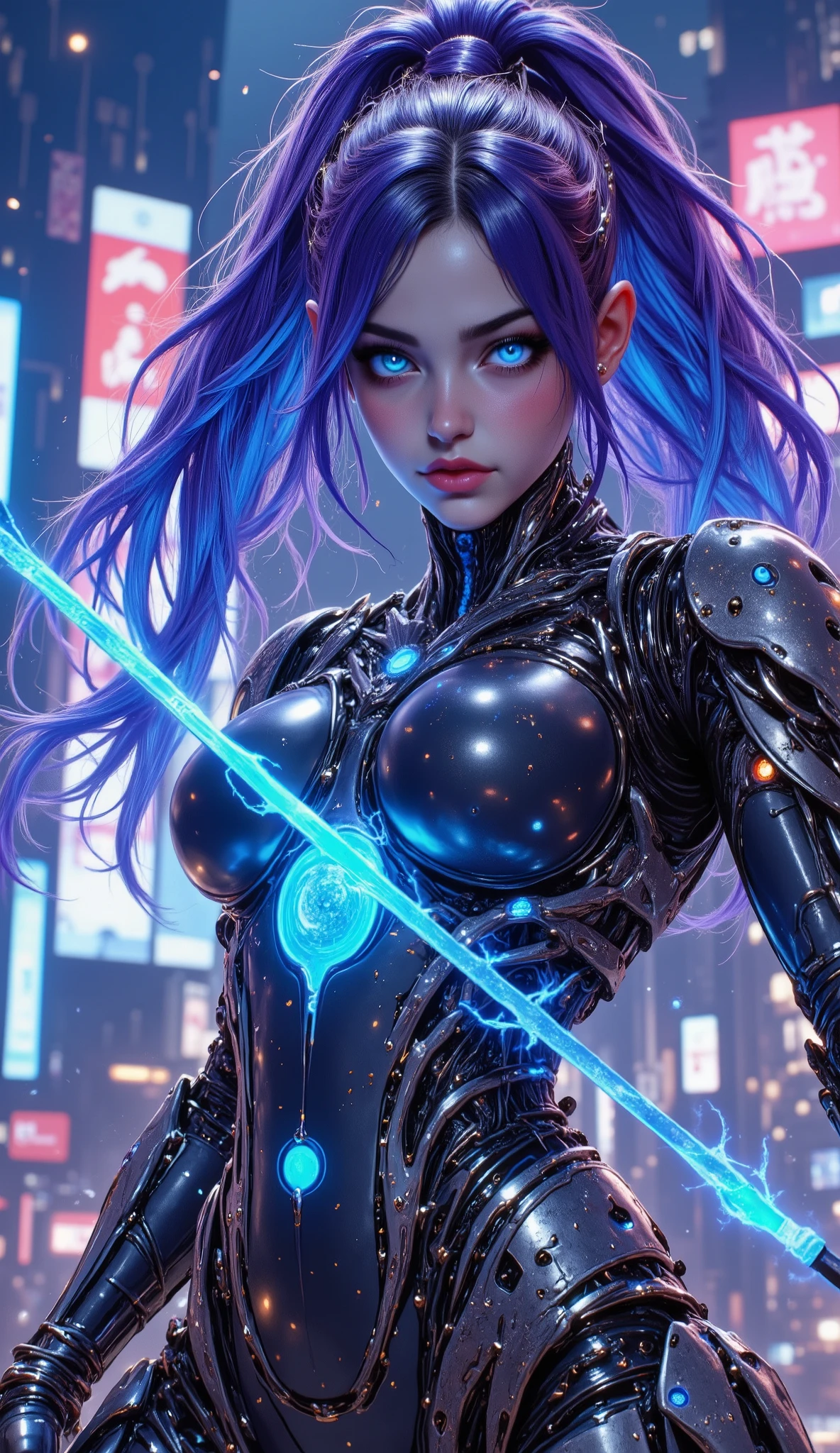 a ultra beautiful girl, with a (black techno fantasy armor) and a great sword in the back, cute, 12k, uhd, photorealistic, (red neon lights), (black short hairs), ((european race)), (ultra beautiful gorgeous realistic), naked belly and (naked arms)
