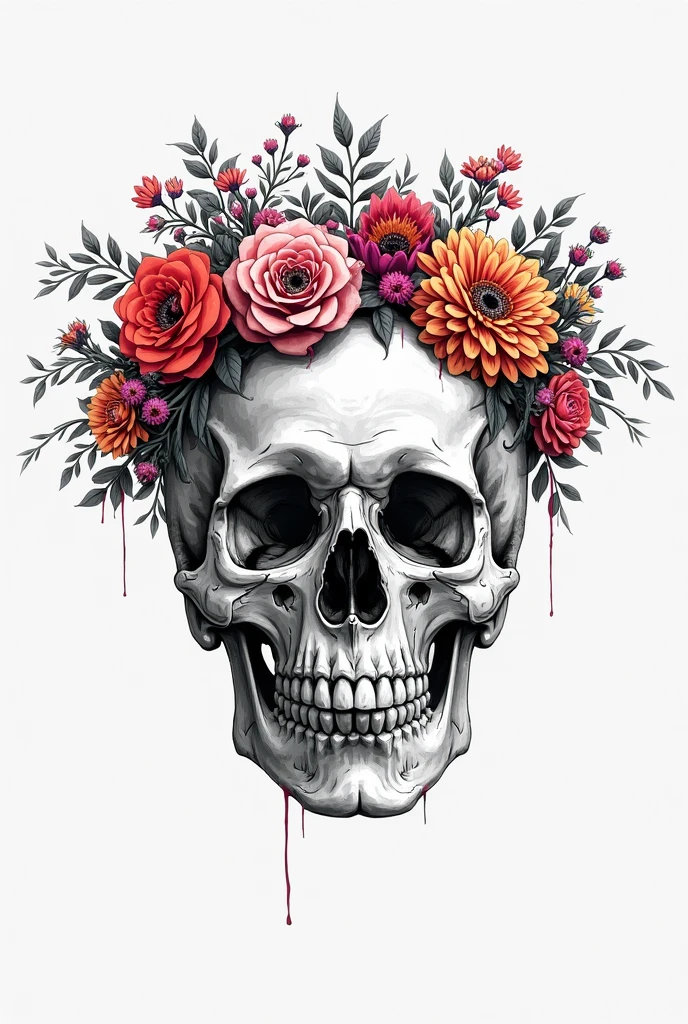 skull com girassóis e folhas na cabeça com uma moldura, with a crown of skulls, profile image, fantasy skull, skull de açúcar, skull tattoo, skull sagrado, scary detailed art in color, skull painting, flores de ossos de skull, day of the dead, day of all the dead, a colorful airbrush, skull, profile image, Death skull