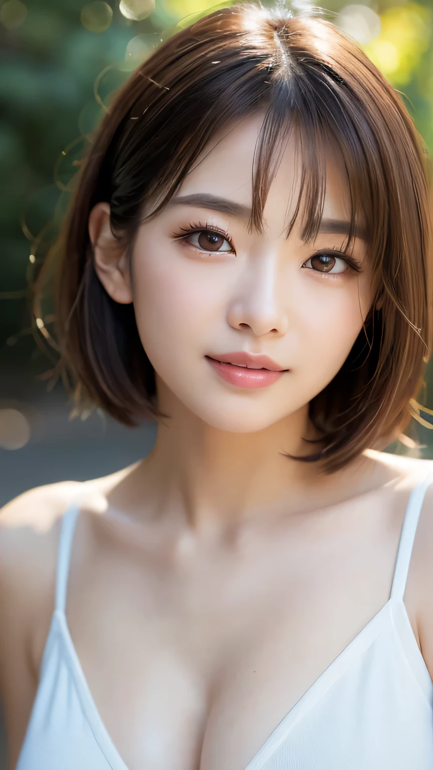 (Photorealistic, 32k, RAW photo, best quality:1.4), (masterpiece:1.3), (ultra high resolution, ultra realistic, highly detailed, golden ratio, ultra detailed), natural makeup, intricate cloth texture, finely detailed hair texture, beautiful full-body, perfect female form, anatomically accurate, highly detailed face and skin, (elegant hands), (realistic skin), (beautiful pale skin:1.1), (Oversized Breasts, generous cleavage:1.3), (perfectly dynamic composition, extreme close-up:2.0), (halter neck bra,panties:1.3),
BREAK,
realistic eyes, captivating detailed eyes, symmetric eyes, light brown eyes, double eyelids, thin eyebrows, (glossy lips:1.4), (kissable expression, Shy Smile, blush:1.3),
BREAK,
((short bob cut, dark brown hair, bangs:1.2)), (Late Night, bedroom, Sit on the bed:1.3)