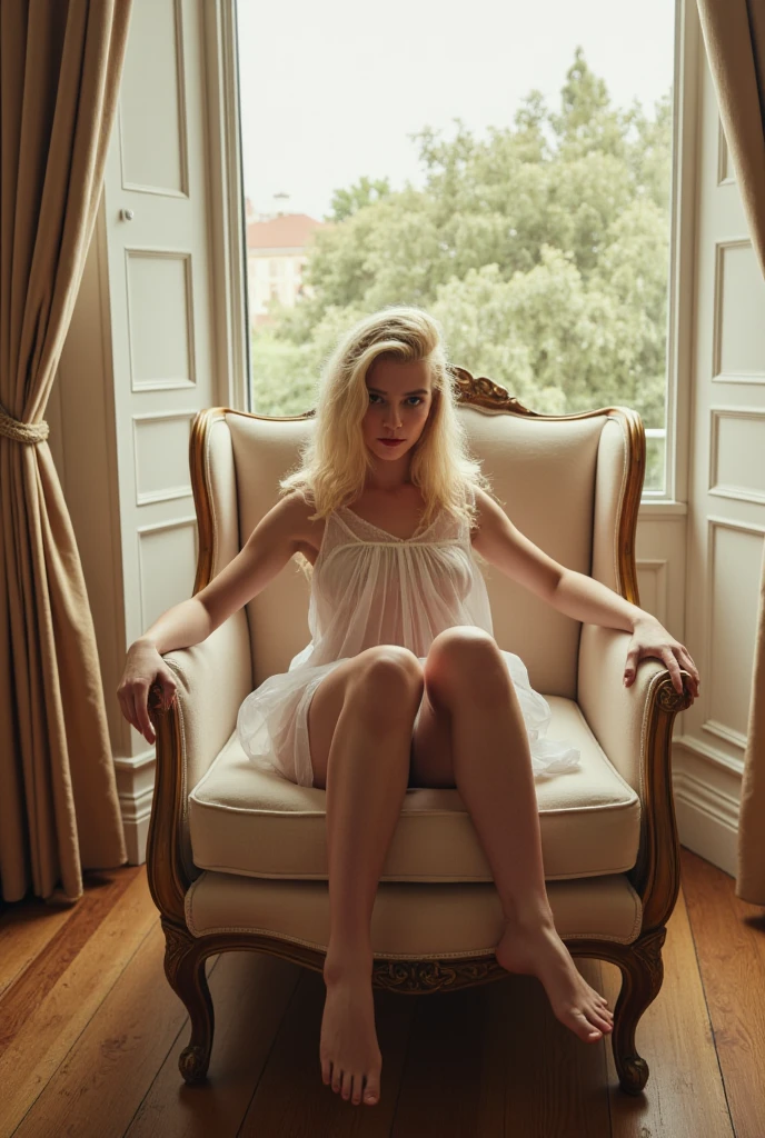 A No Bra, Naked, girl showing her whole body, Masterpiece realistic blonde 14 year old preteen on the sofa, dynamicposes、Full Body Perfect Body, Perfect face, A smile, Undressed、open one's legs