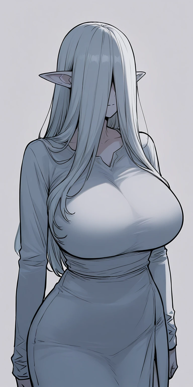 Amazing portrait of a sexy woman with her long blue hair, straight and luscious, seductively gazing and smiling, Soft lips, parted, blushing intensely, smiling, silver t-shirt, gray cardigan, wide pants, with ((((( huge fake breasts:48.7 )))), Perfect body